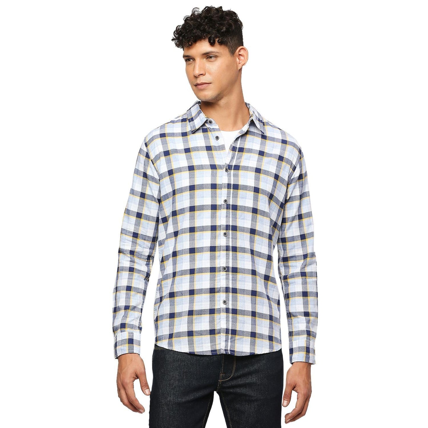 Pepe Jeans Men Cotton Blend Checkered Regular Fit Shirt (Pm308374_Blue, Medium)