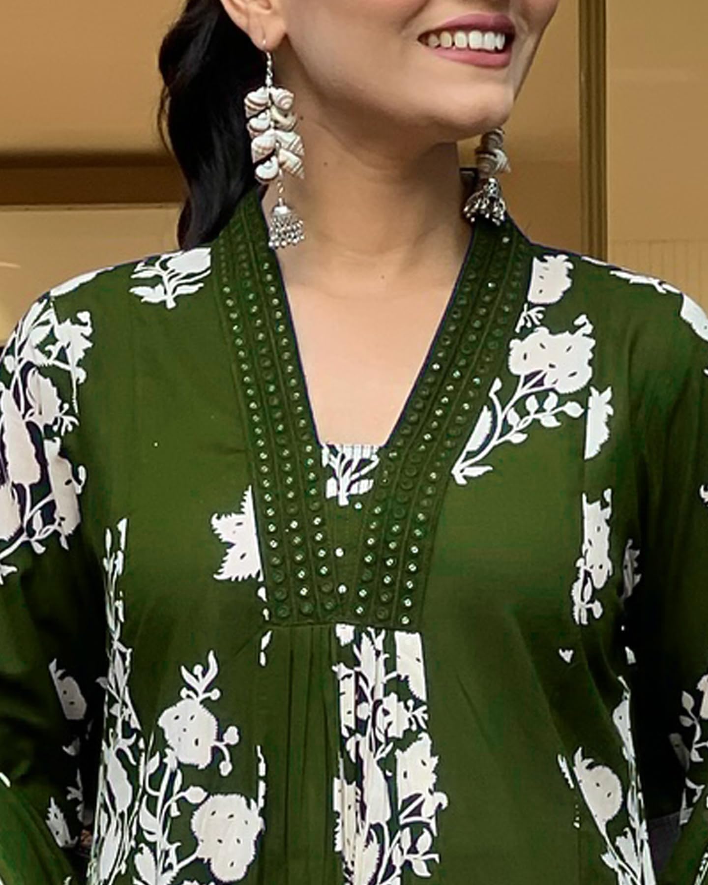Toochki WomenS Rayon Viscose Anarkali Printed Kurta With Palazzo & Dupatta Olive Green Color