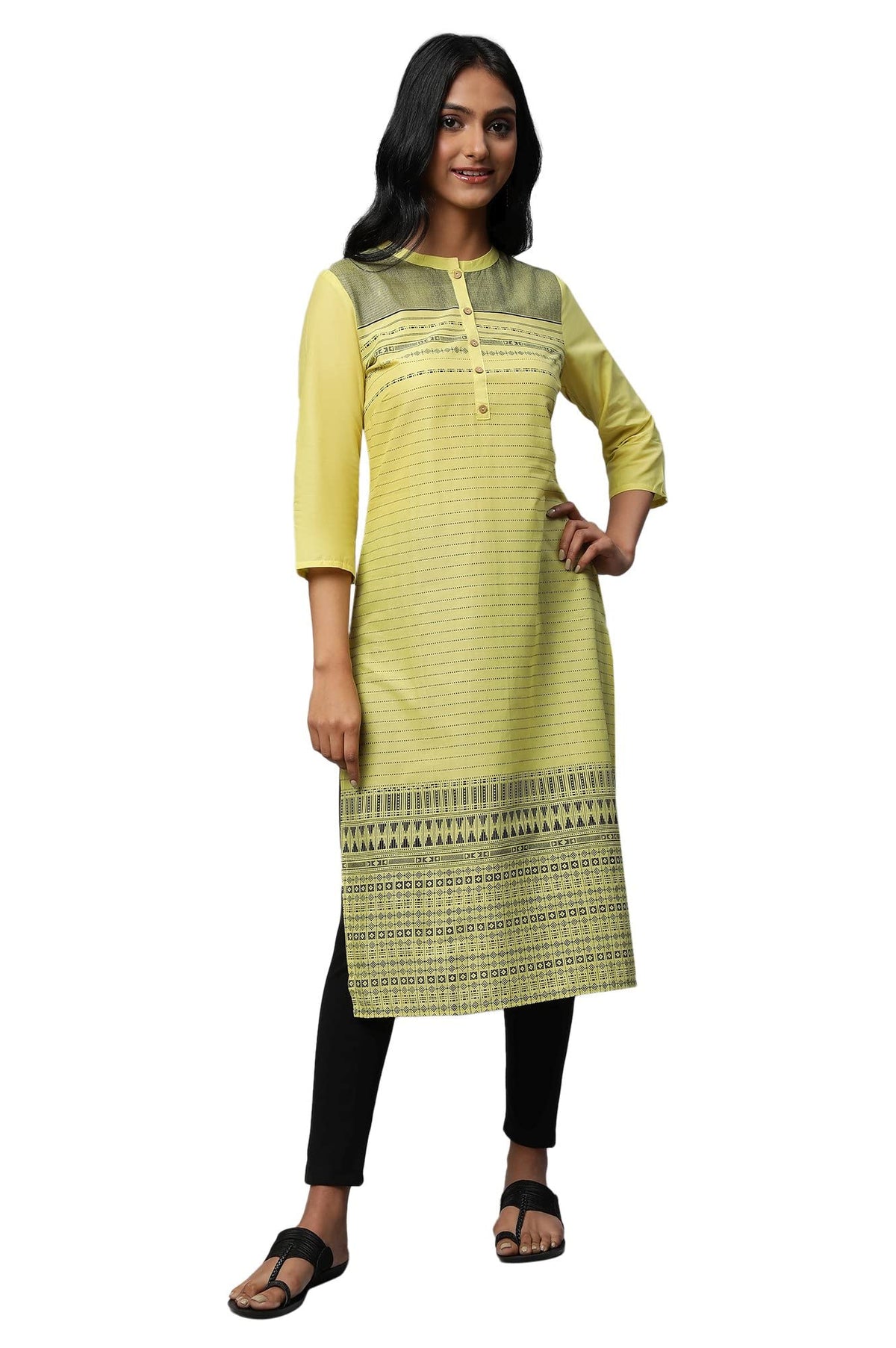 Yellow Mandarin Neck Printed Kurta