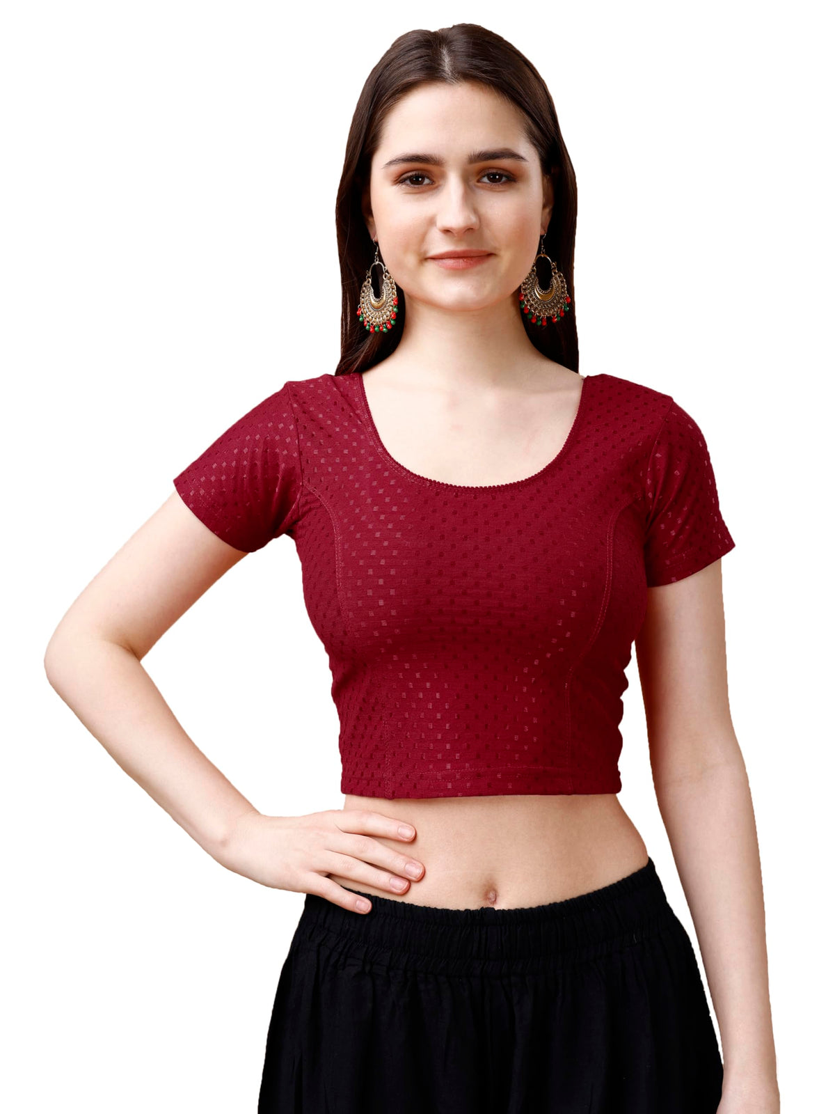 Pujia Mills Womens Readymade Dobby Cotton Lycra Stretchable Round Neck Short Sleeve Blouse Fancy Maroon Color Lycra Stretchable