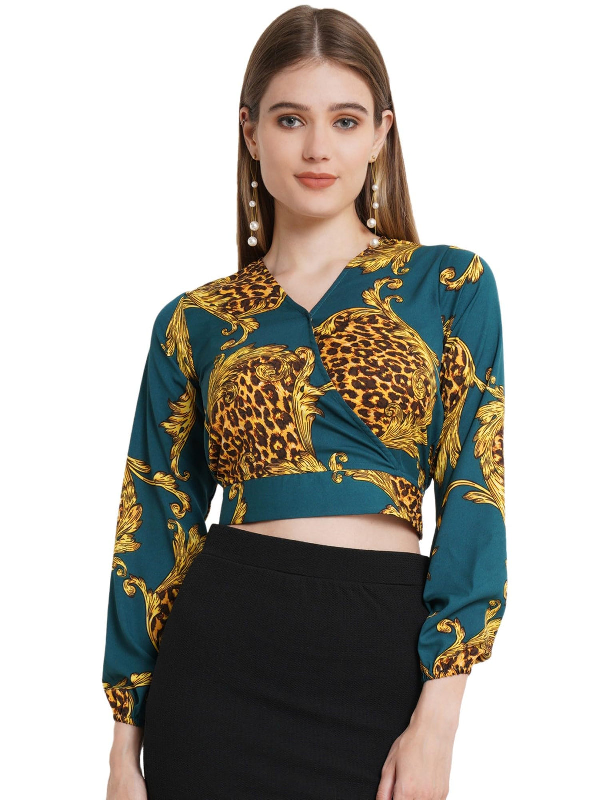 POPWINGS Casual Animal Print Full Sleeves Crop Top for Women || V-Neck Crop Top for Women || Crop Tops for Women Summer Crop Top