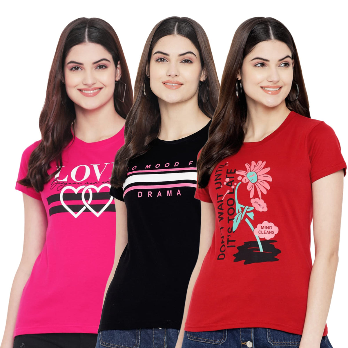Preneum Womens Cotton Regular Fit Latest Graphic Stylish Printed Short Sleeves Casual T-Shirt || Trends & Stylish (Pack 3), Jet