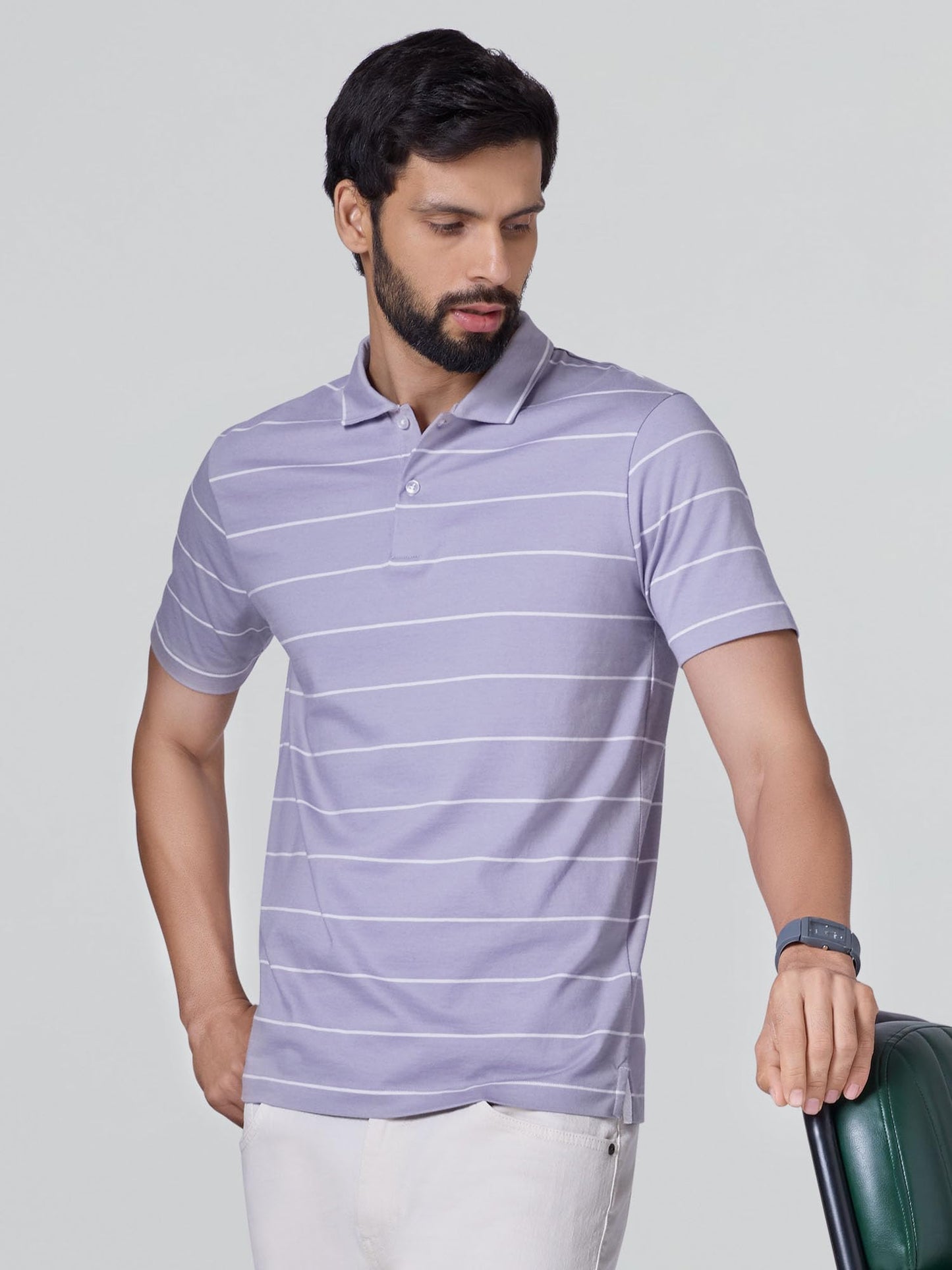 XYXX Linea Mens Stripe Cotton T-Shirt | Polo Collor Tshirts | Half Sleeves | Stripe-Slim Fit | Misty Lilac