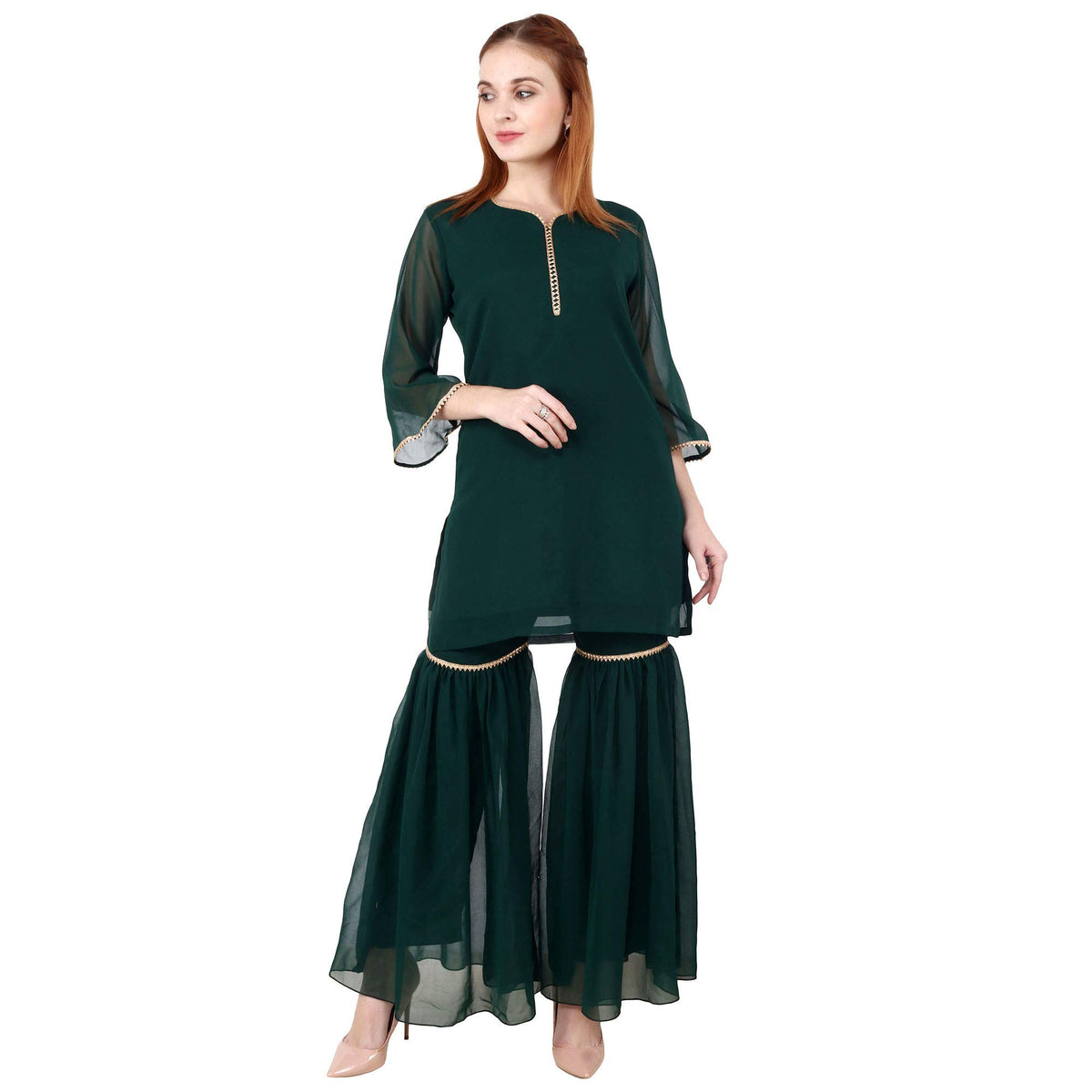 Popwings Casual V-Neck Dark Green Georget Garara Set For Women