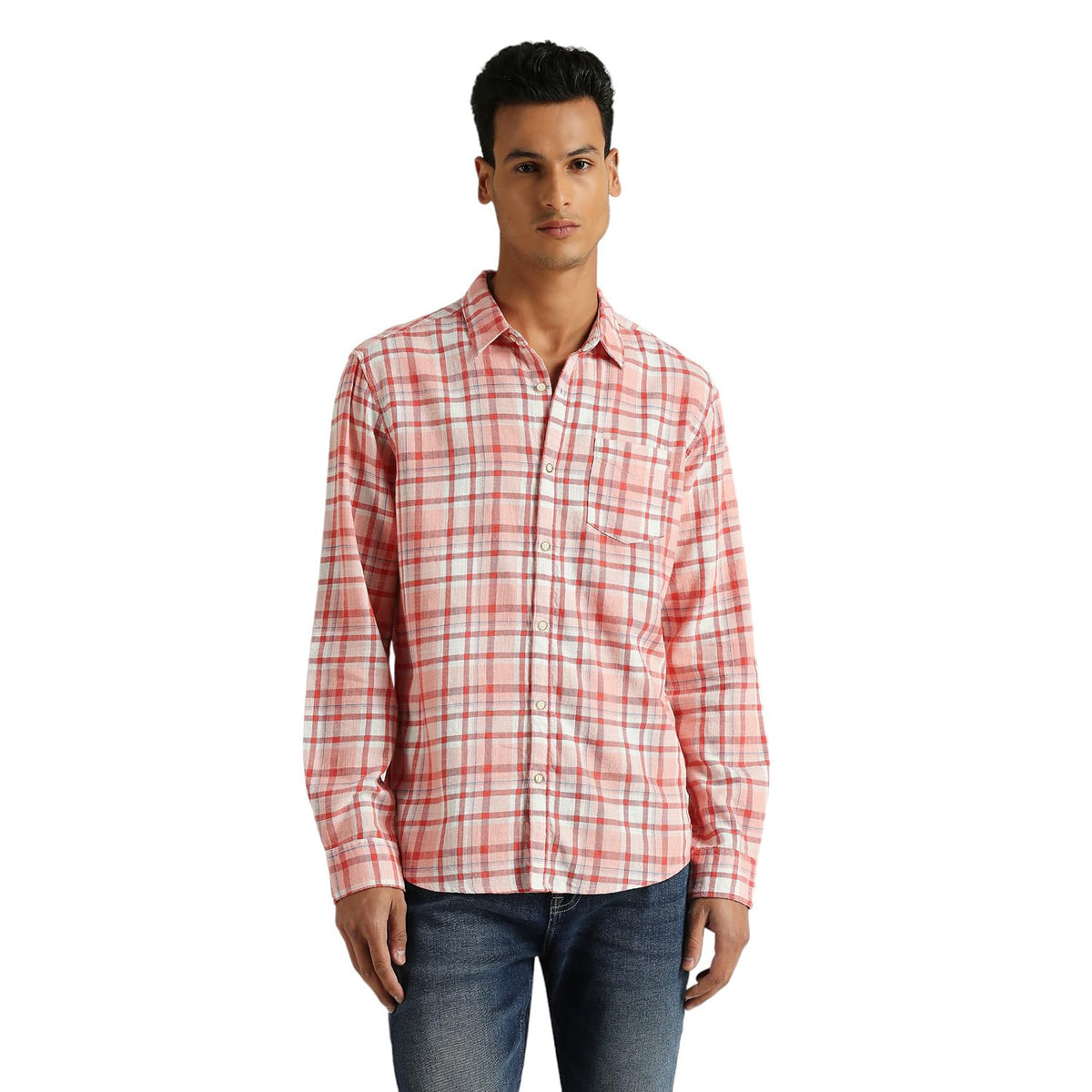 Pepe Jeans MenS Checkered Regular Fit Shirt (Pm308684_Peach Orange_Red