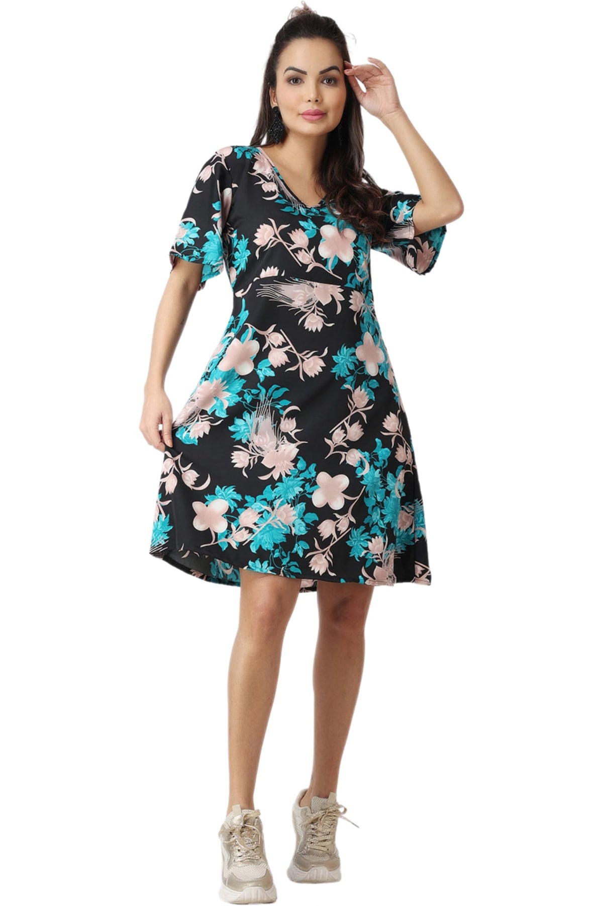 POPWINGS Casual Printed V-Neck Short Sleeves Knee-Length Fit and Flare Dress for Women || Frokc-Style Summer Wear Dresses for Wo