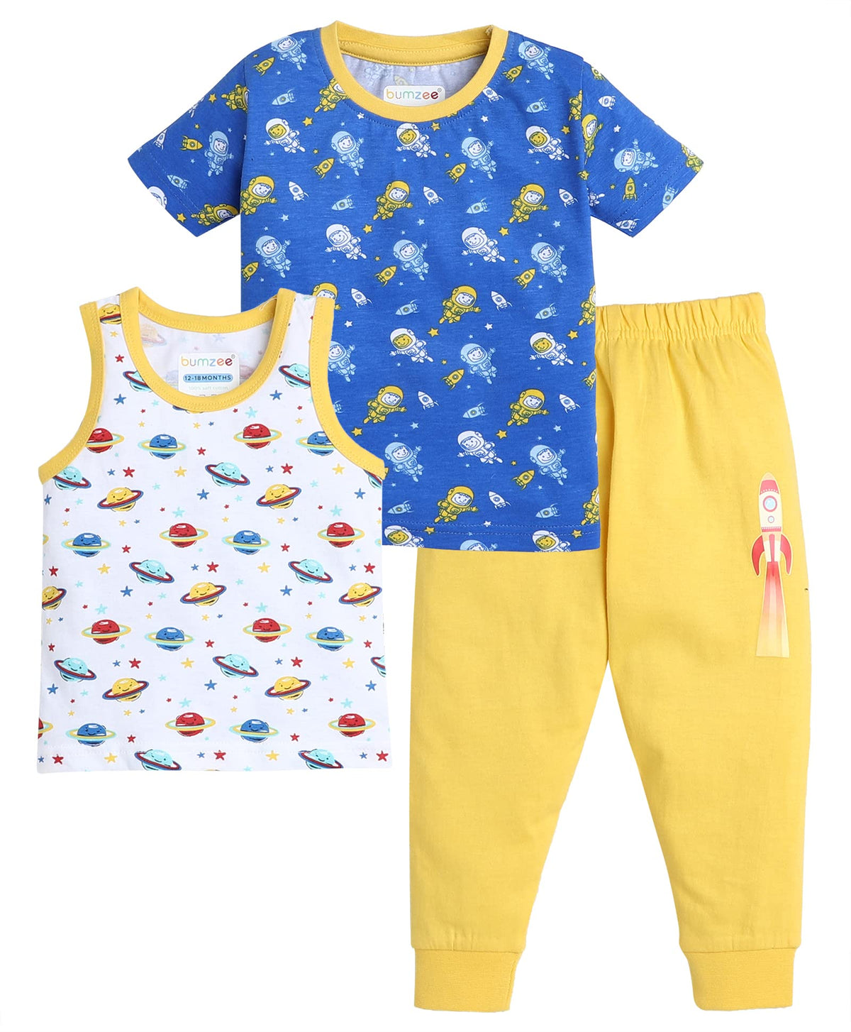 BUMZEE Blue & White Boys Half Sleeves T-Shirt Pyjama Combo Set Pack of 3 Age - 3-6 Months (Peb8005B-blu.wht)