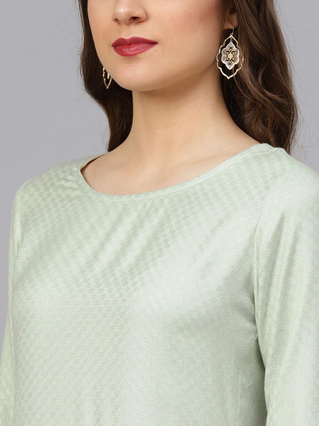 idaLia Women's Sage Green Textured Rayon Kurta with White Pants