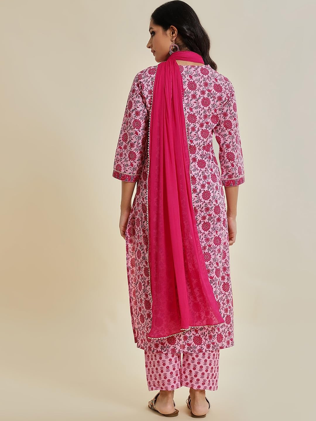 Varanga Women Fuchsia Floral Printed V-Neck Full Sleeves Anarkali Kurta With Tonal Bottom And Dupatta Elegant Ethnic Set