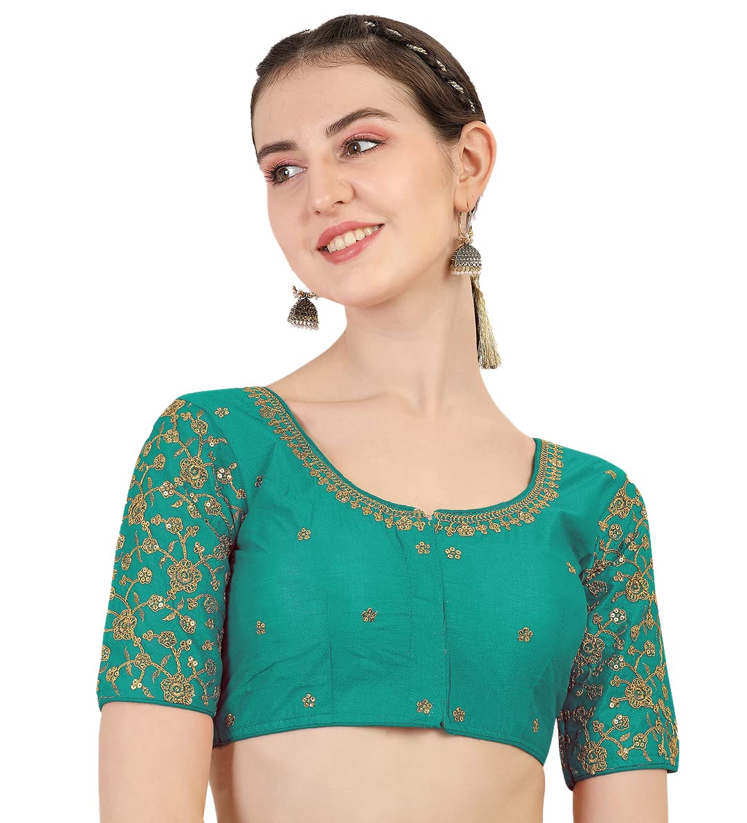 Pujia Mills WomenS Multicolor Flower Embroidery Sleeves Design Phantom Silk Readymade Blouse For Saree And Lehenga Choli (Rama,