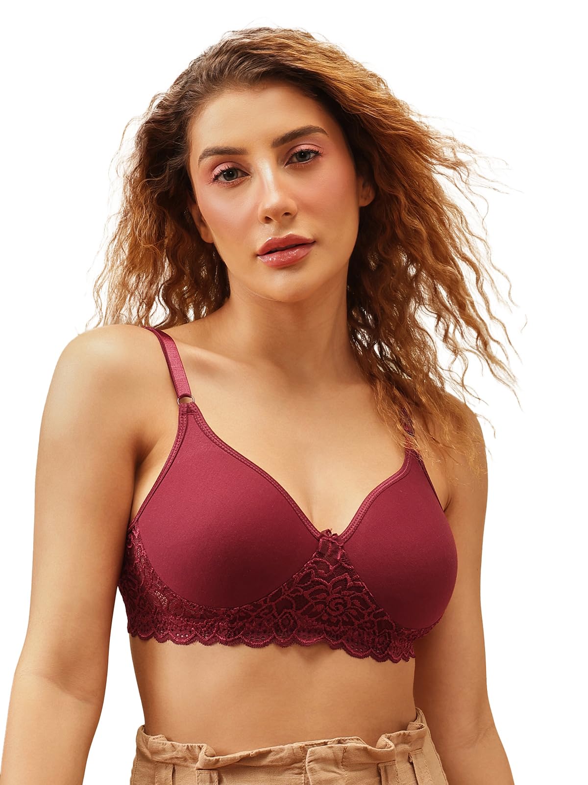 Clovia Womens Cotton Lightly Padded Wire Free T-Shirt, Full-Coverage, Seamless Bra (BR1280P0938C_Red_38C)