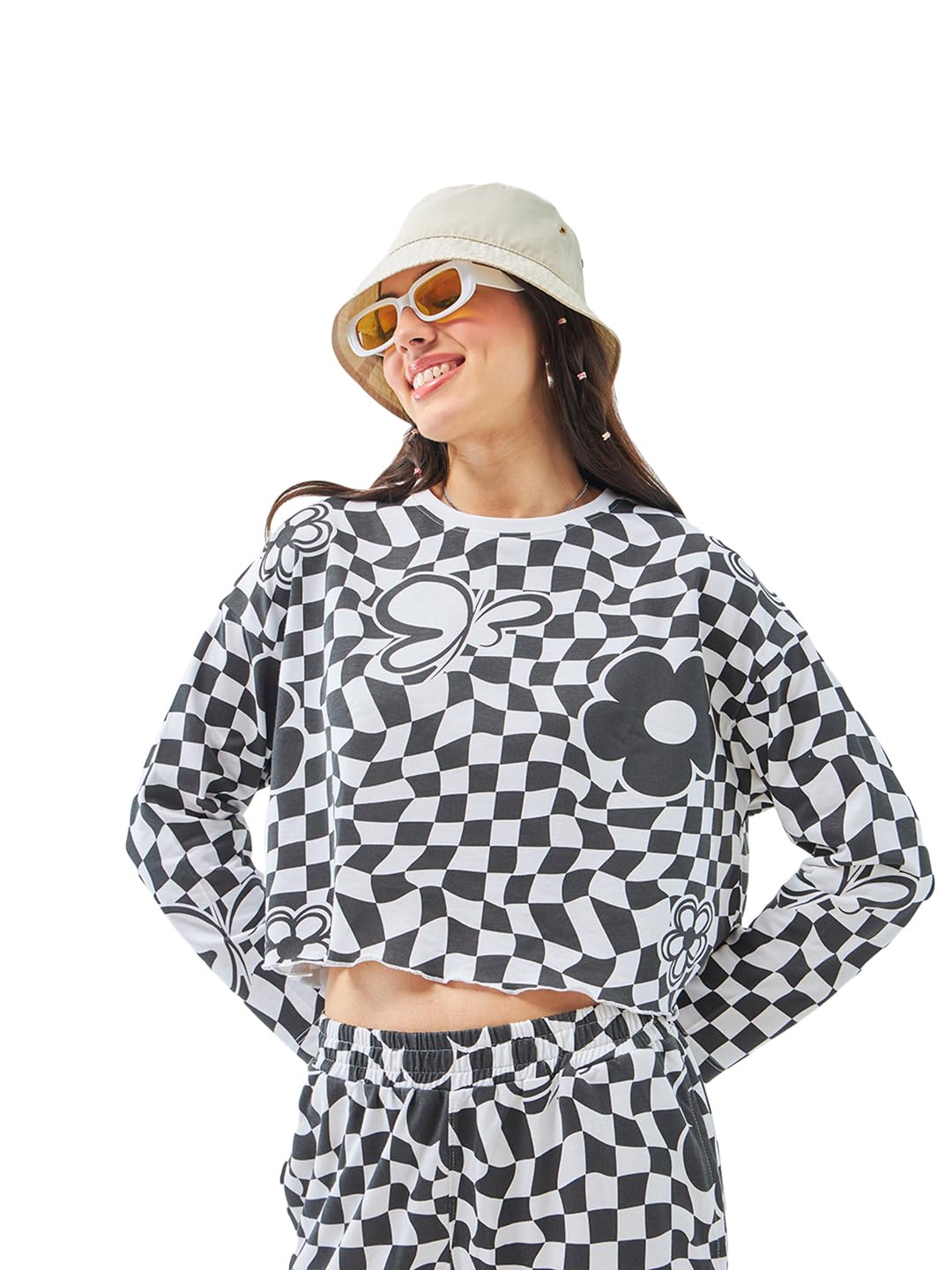 Bewakoof Womens All Over Printed Oversized Fit Full Sleeve Round Neck Cotton Blend Crop Top_605114_White_XL