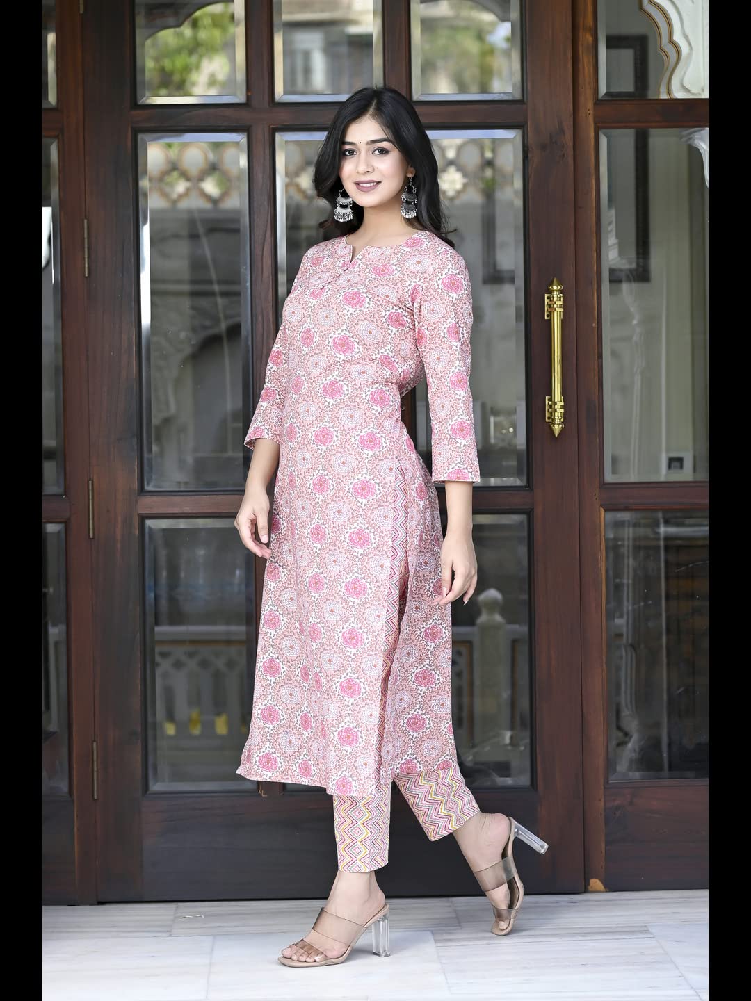 GoSriKi Women's Cotton Blend Printed Straight Kurta with Pant (Achu Pink-CMD-GS)
