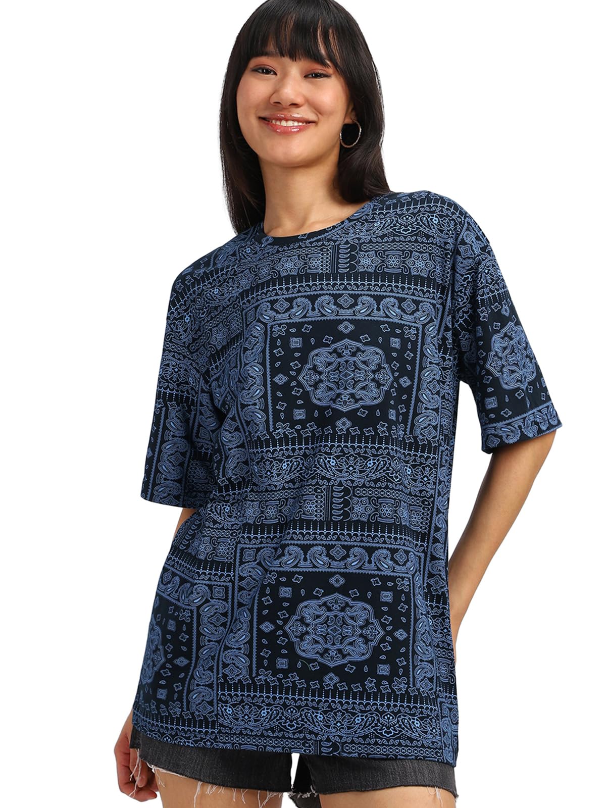 Juneberry Oversized Loose Fit Relaxed Wide Fit Cotton Paisley Half Sleeves Navy Blue Colour T-Shirt For Womens & Girls, Attracti