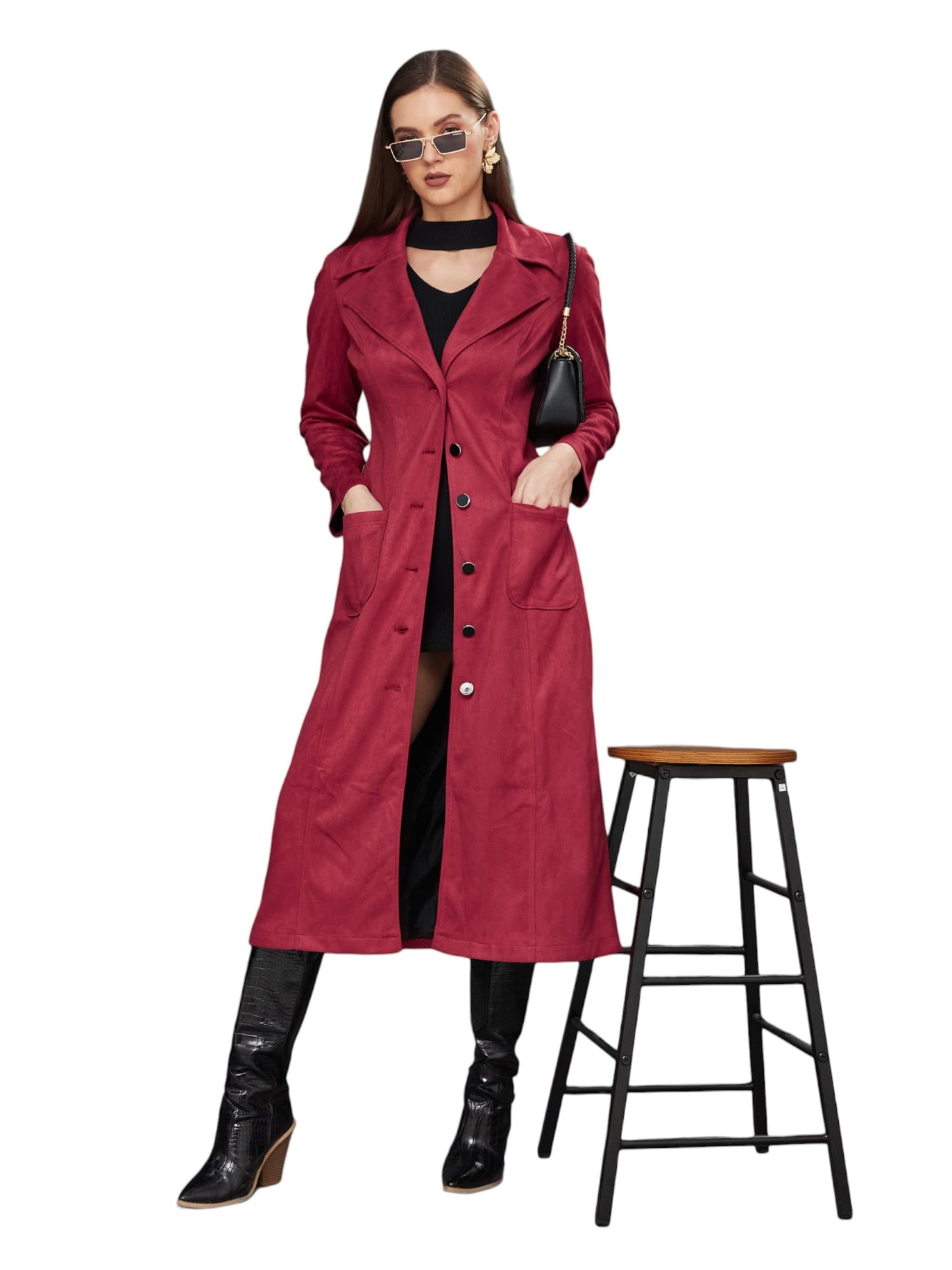 Miss Chase WomenS Solid V-Neck Full Sleeves Patched Pocketed Polyester Button Down Longline Winter Wear Jacket (Mcaw22Jkt03-47-