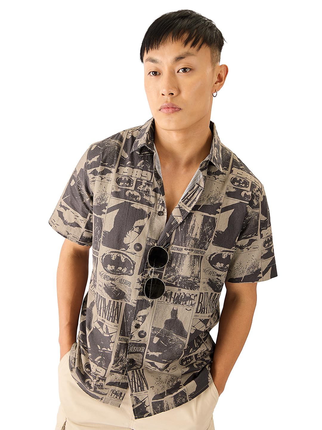 The Souled Store Official Batman: 1989 Men and Boys Short Sleeve Collared Neck Button Down Grey All Over Print Cotton Summer Shi