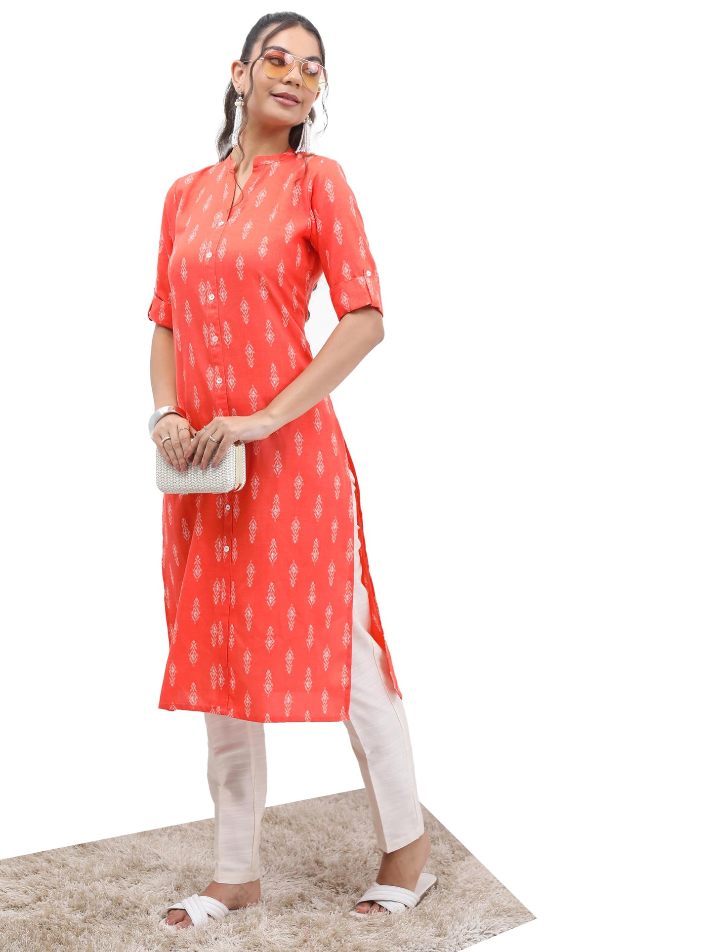Ketch Womens Threeforth Sleeve Regular Fit Kurta Khku000342 Coral L