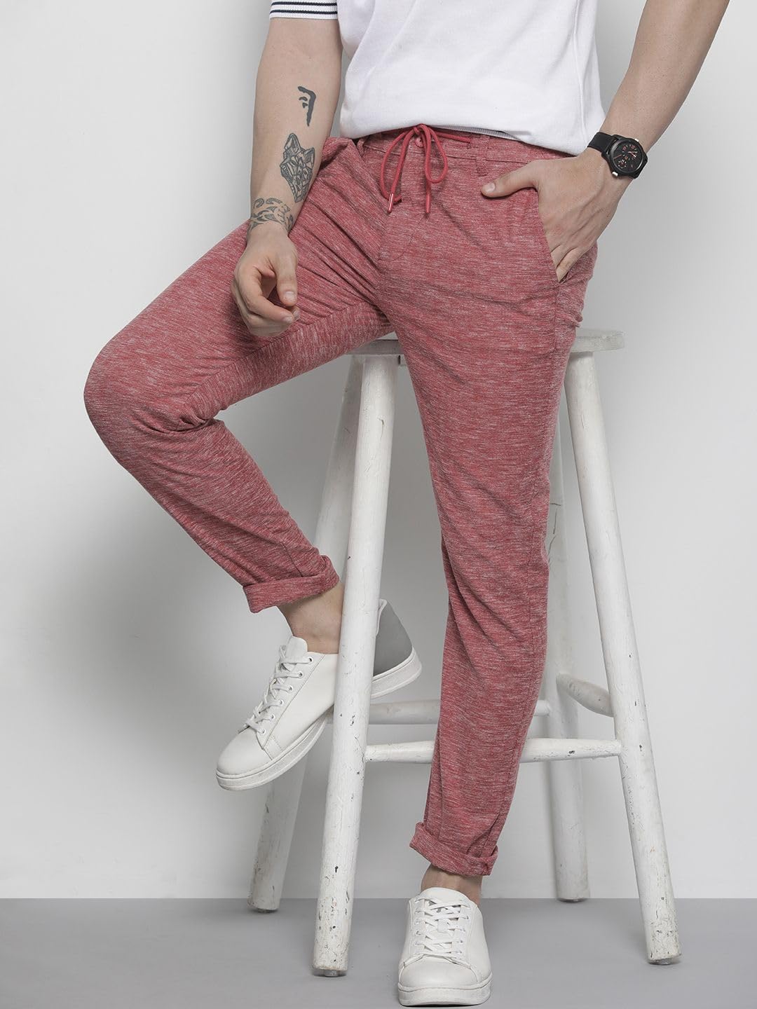 The Indian Garage Co Men Slim Fit Solid Mid-Rise Jogger Trousers Red