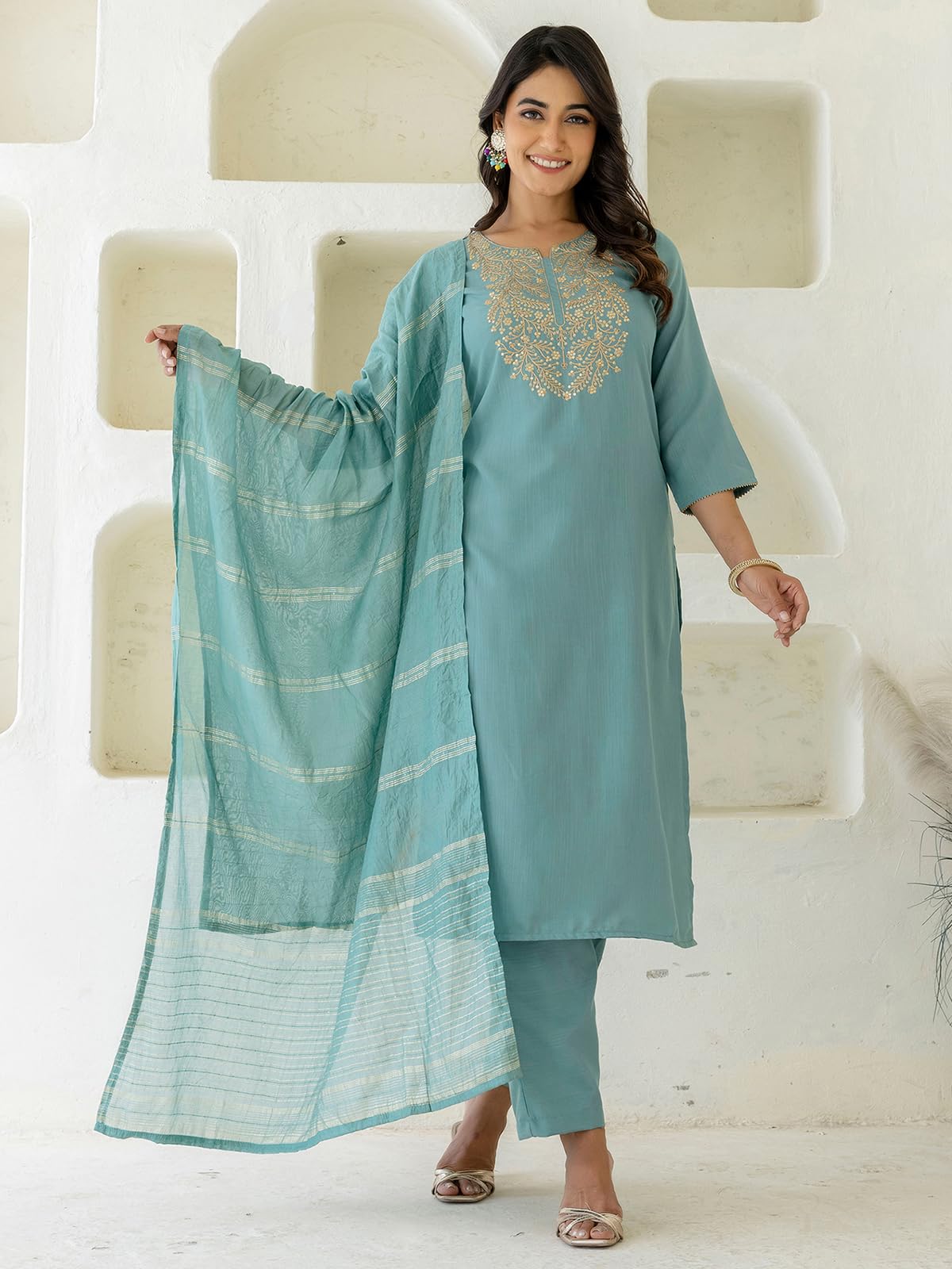 Sanisa Women's Cotton Slub Embroidery Sequin Work Kurta with Pant and Dupatta Set