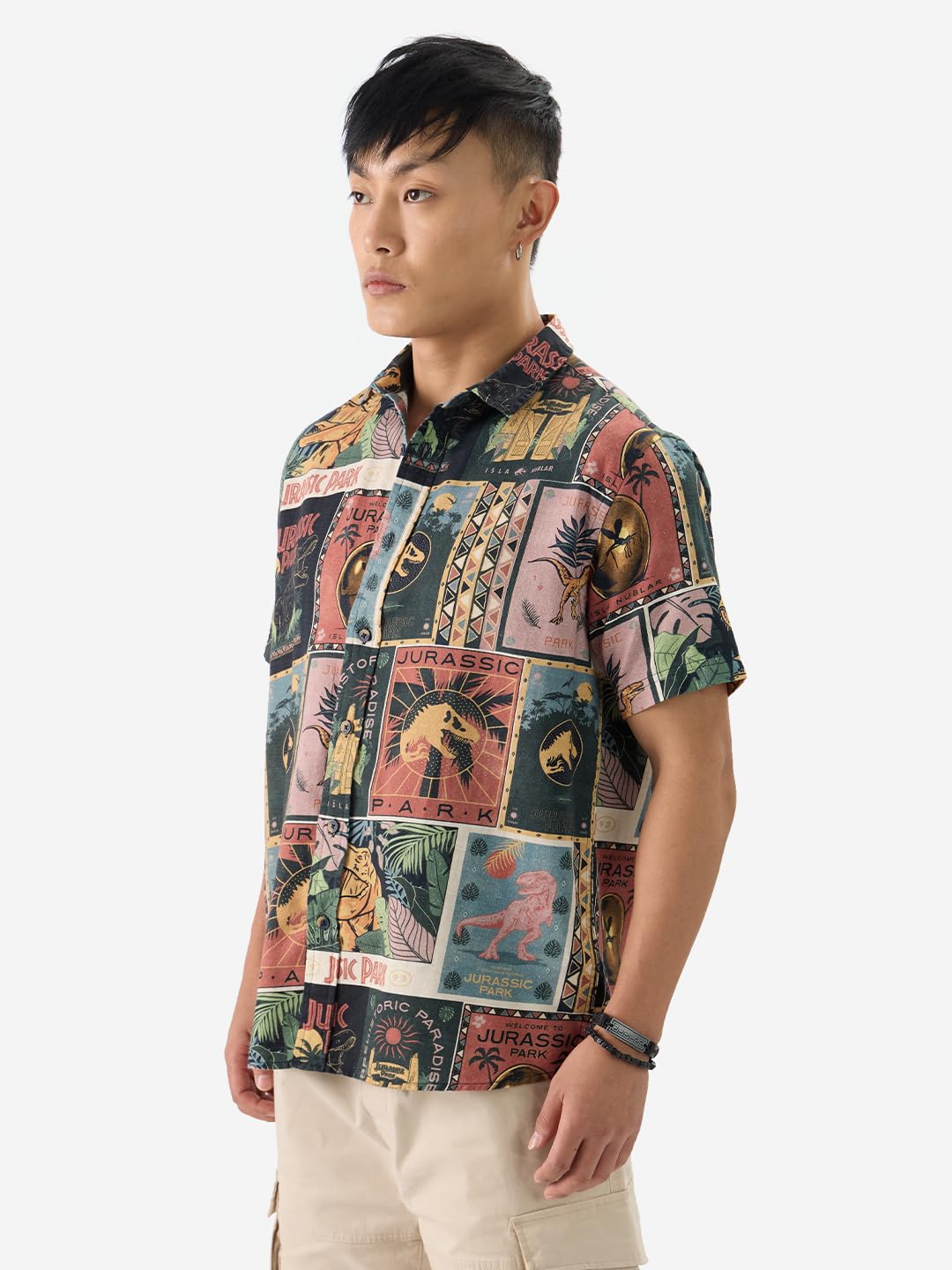 The Souled Store Official Jurassic Park: Dino Welcome Men and Boys Short Sleeves Collared Neck Button Front Multicolor All Over