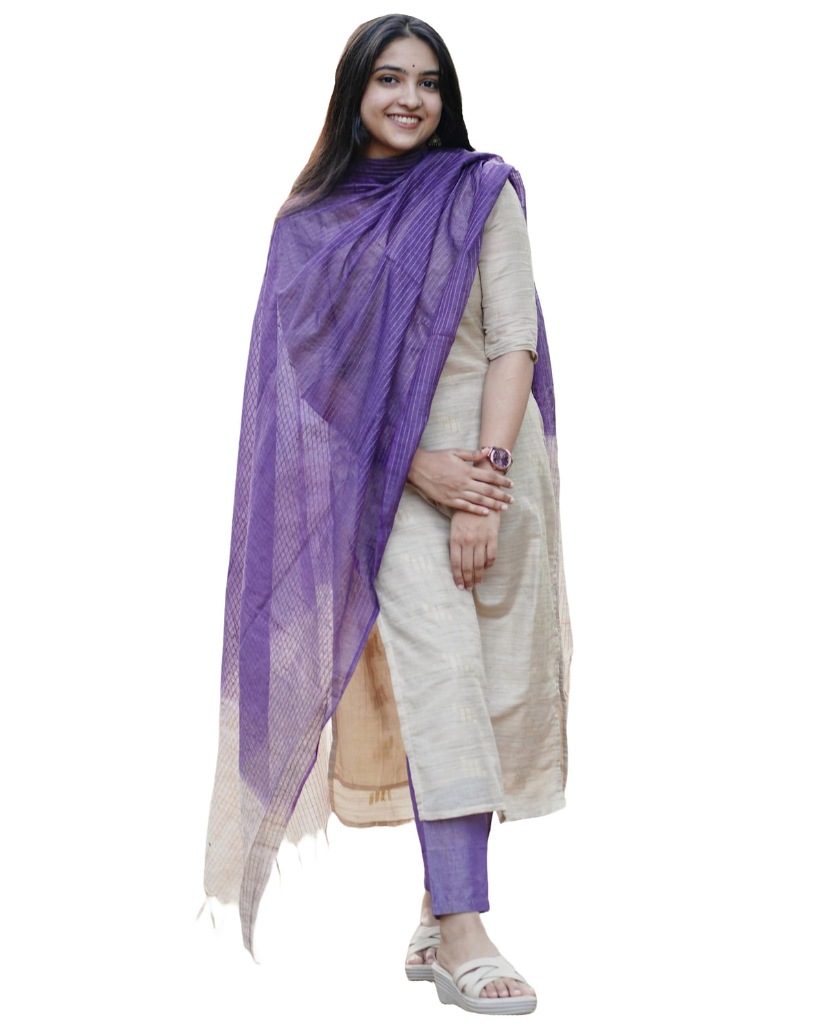 GoSriKi Womens Rayon Blend Straight Solid Kurta with Pant and Dupatta, BEIgE, S