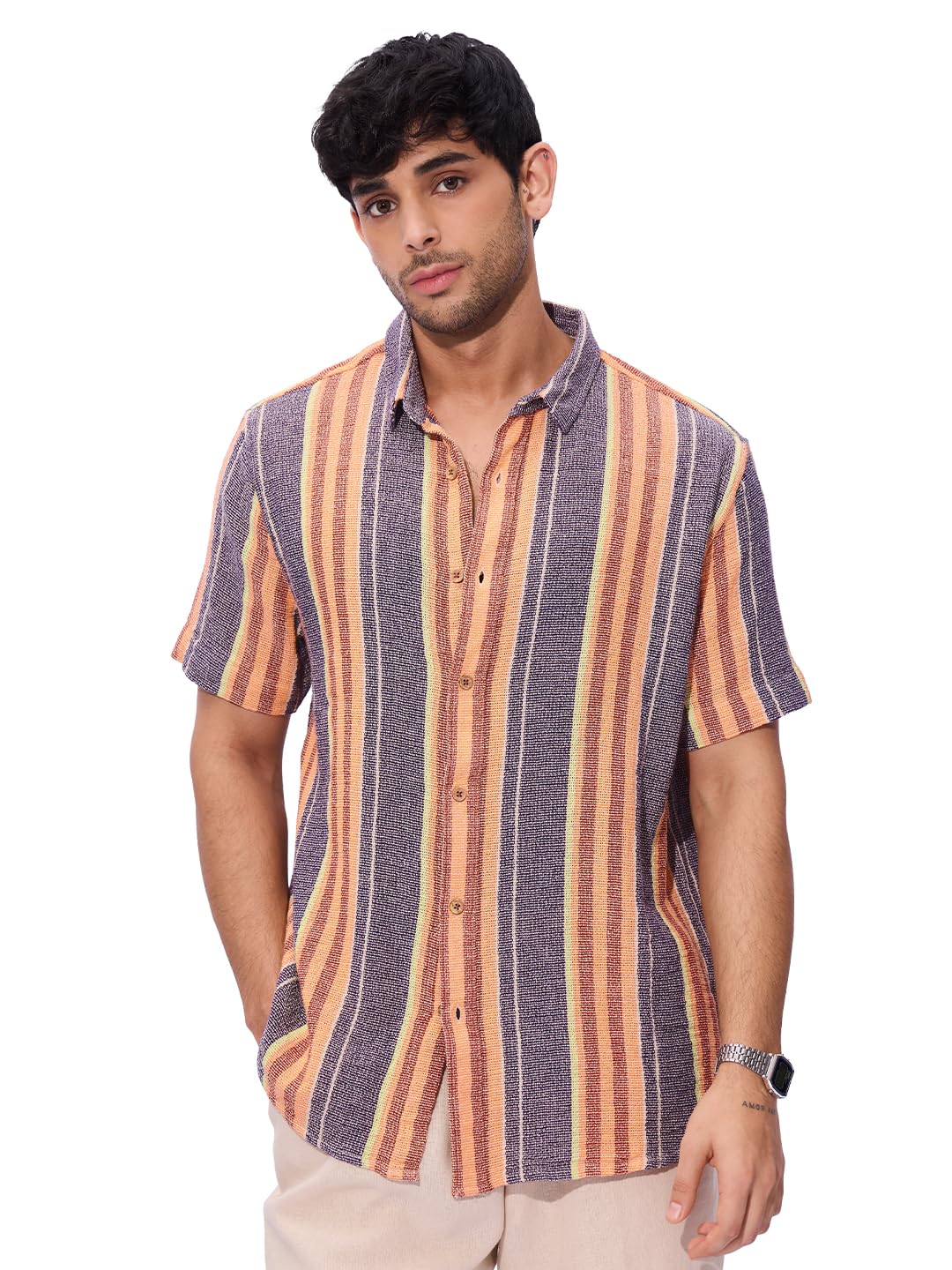 The Souled Store Fiesta Men and Boys Short Sleeves Collared Neck Button Front Multicolor Striped Cotton Textured Shirts