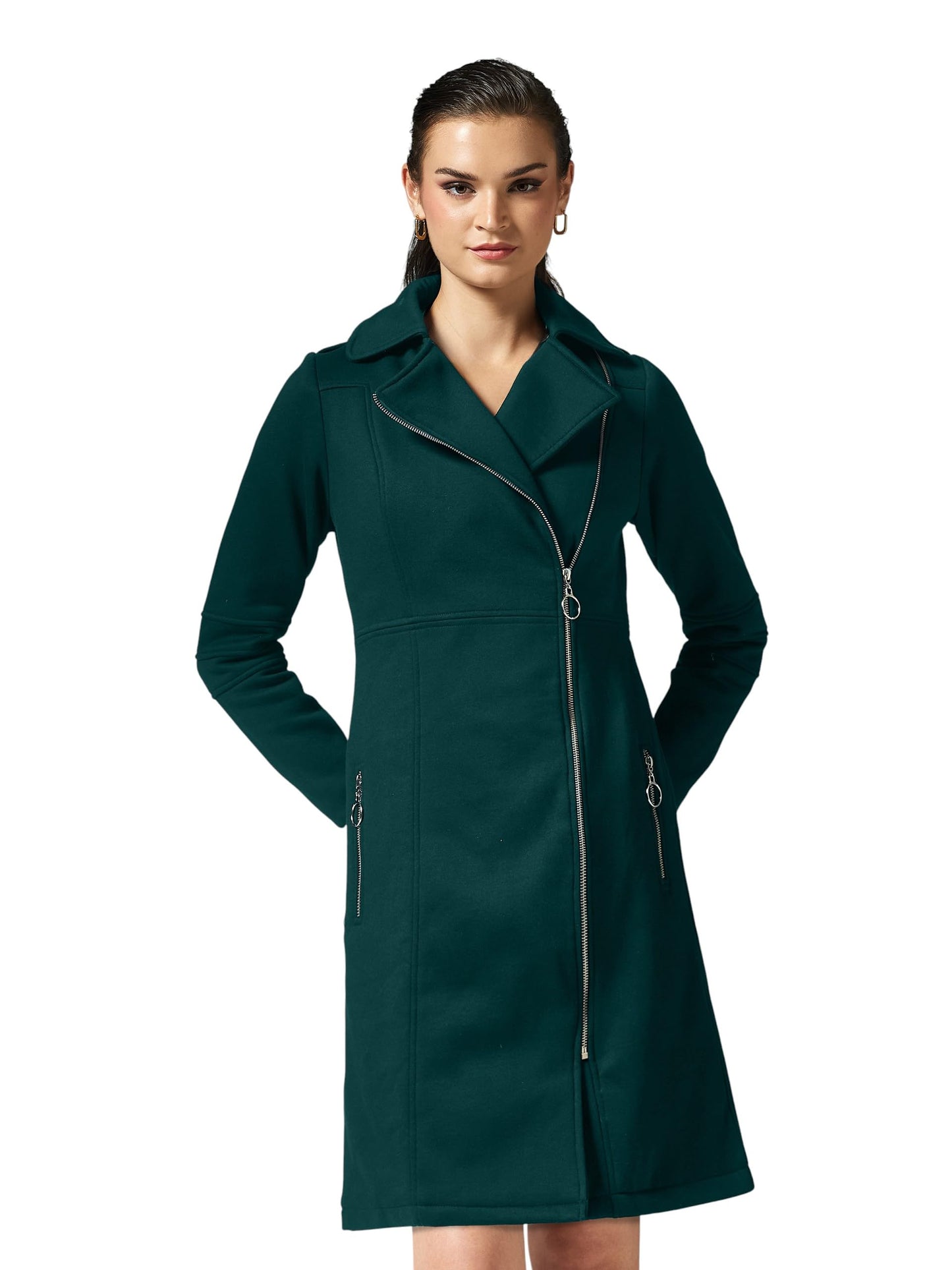 Miss Chase WomenS Notch Collar Double-Breasted Knee-Length Polycotton Jacket (Mcaw21Jkt03-43-42-06, Dark Green, Xl)