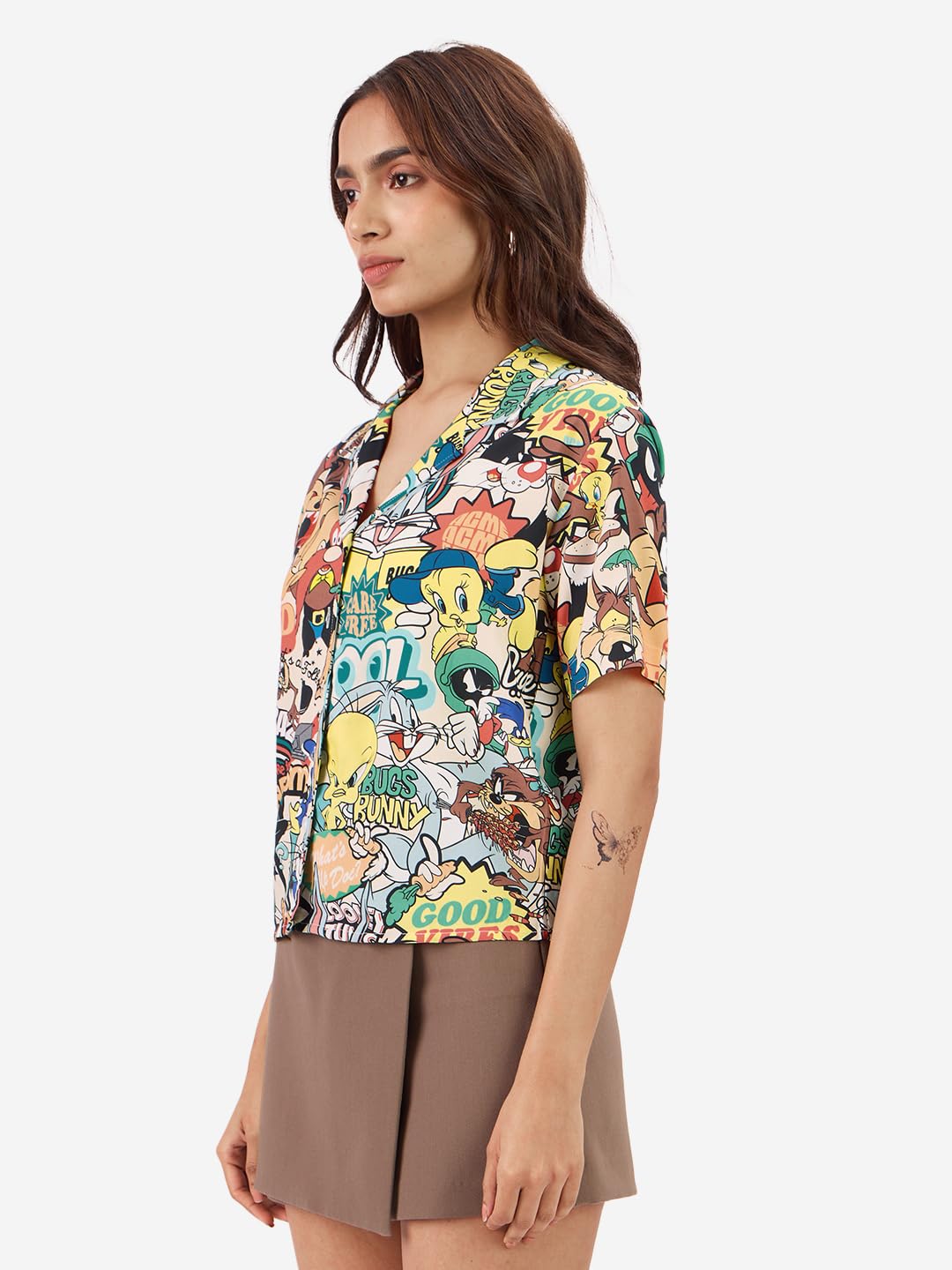 The Souled Store Official Looney Tunes: Vintage Vibe Viscose Short Sleeve Collared Neck Button Down Regular Fit Summer Shirts fo