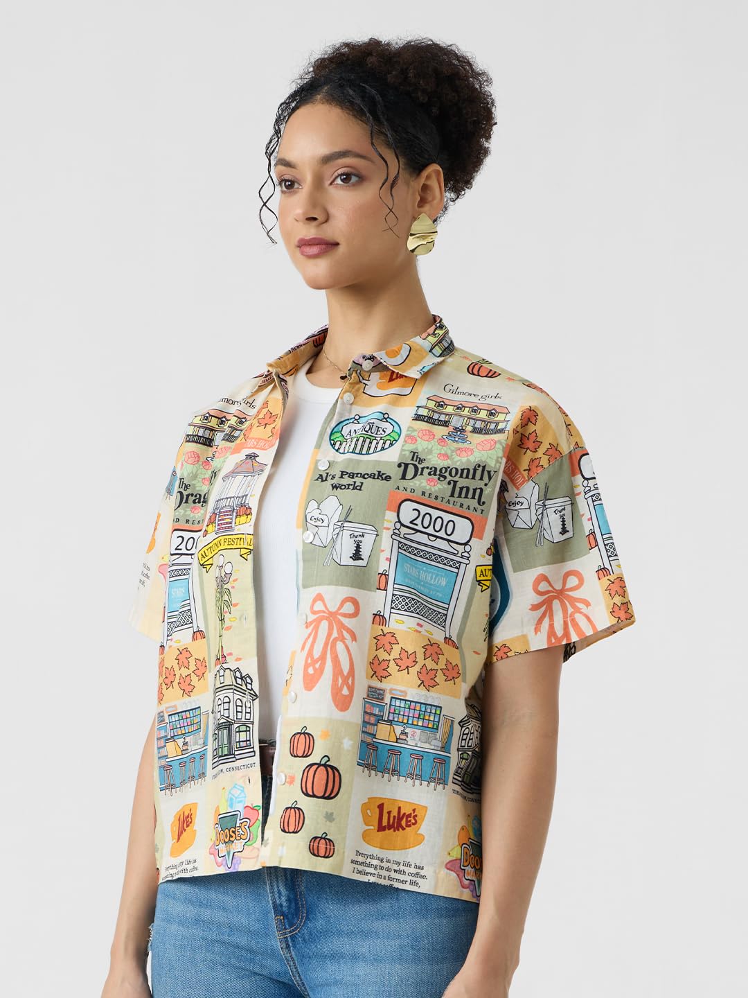 The Souled Store Gilmore Girls: The Bond Women and Girls Short Sleeves Collared Neck Button Front Multicolour Oversized Fit Cott