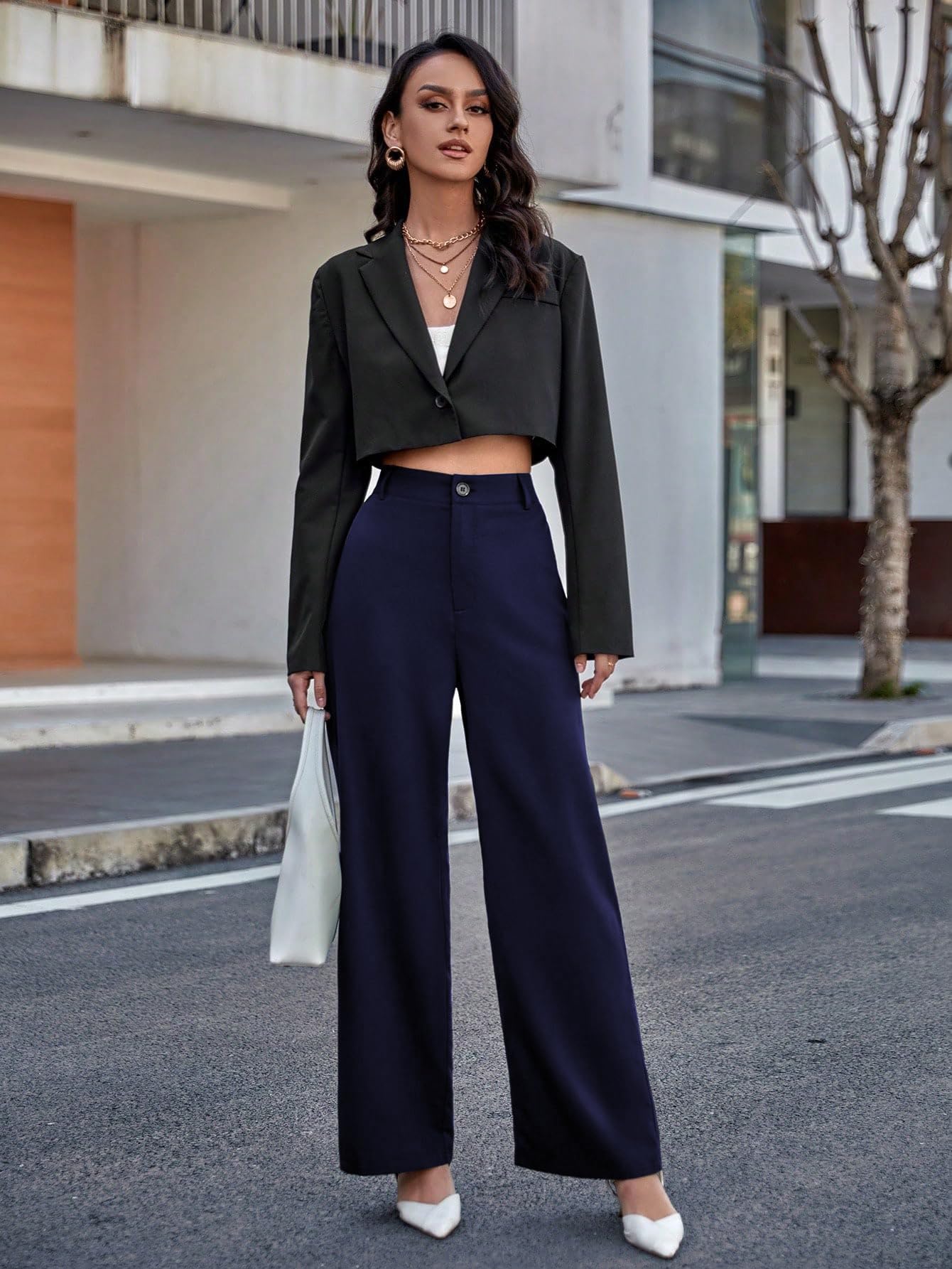 Toochki Straight Pants Trousers for Women with High Waist, Formal Spandex Pant for Women Office Wear Navy Blue