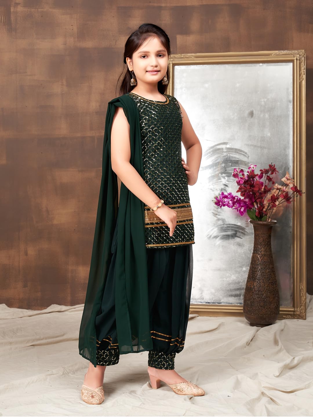 Aarika Girls Ethnic Wear D-Green Colour Sequin Embroidery Lace Work Georgette Kurti Patiala Set (4-10 Years)