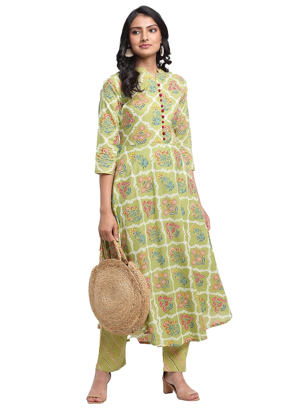 Anni Designer WomenS Cotton Printed Empire Kurta With Palazzo (Ruhi Green_Xl_Green_X-Large)