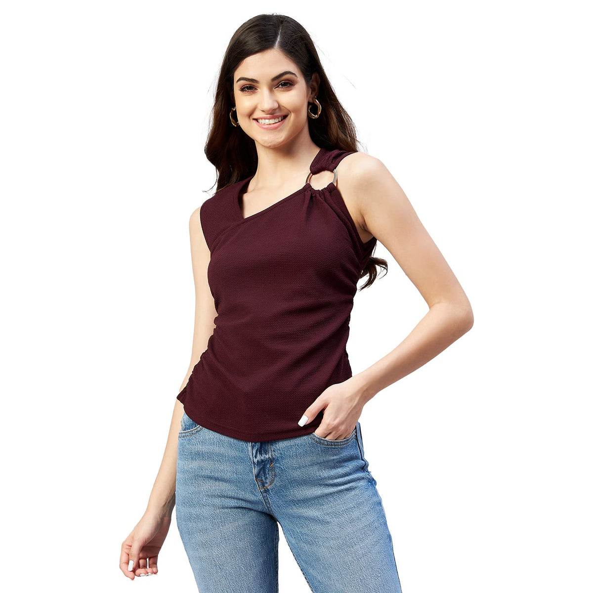 Rare Women Casual Wine Colour V-Neck Solid Regular Top