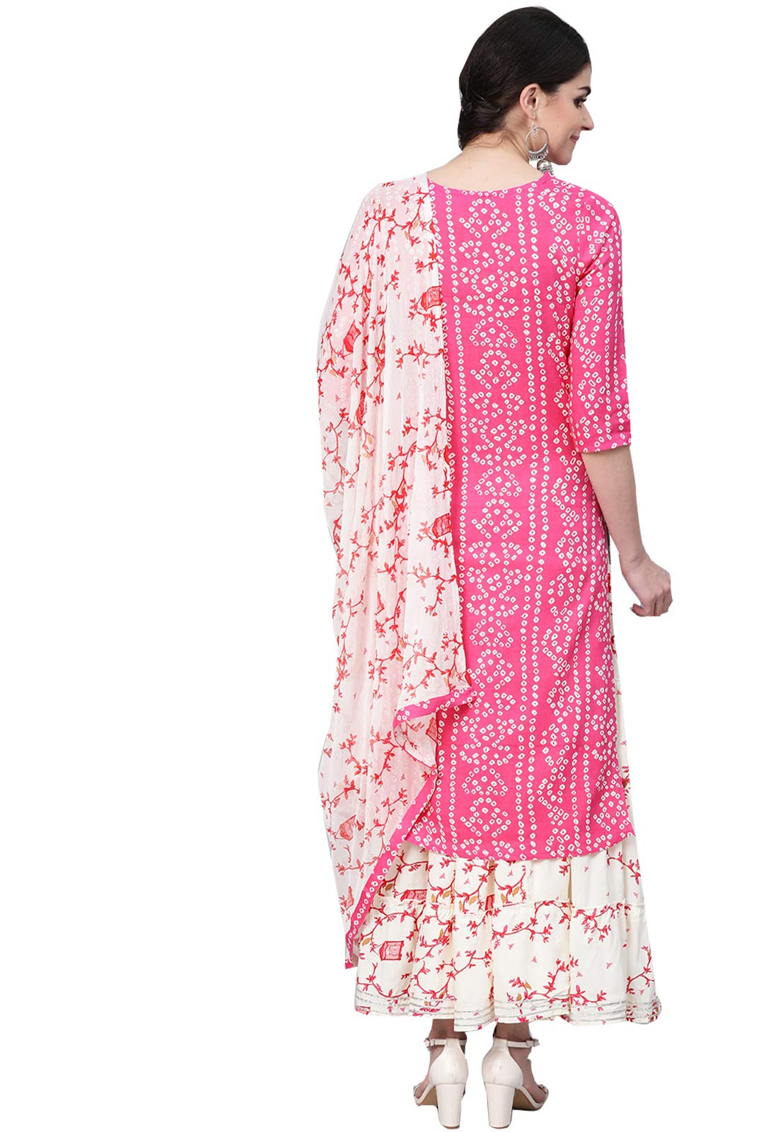ishin Women's Pure Cotton Pink &Off White Printed & Gotta Patti A-Line Kurta suit set With Dupatta & Skirt