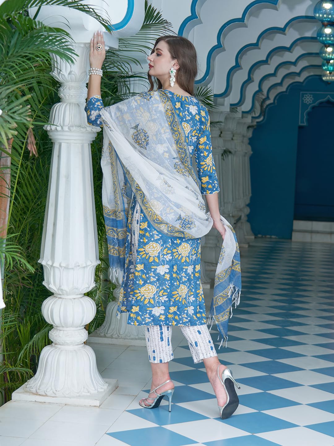 GoSriKi Women's Cotton Blend Straight Printed Kurta with Pant & Dupatta (Rahi