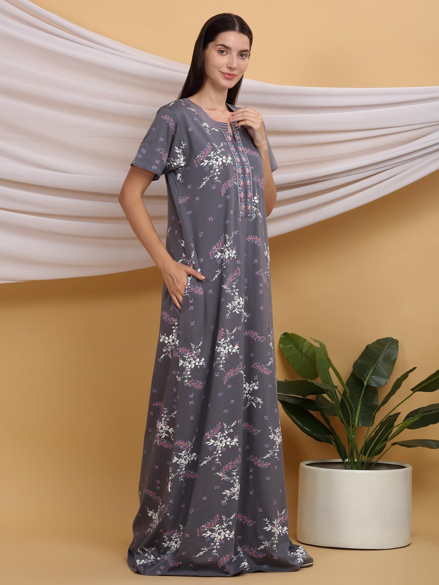 Sweet Dreams Women Printed Night Dress Dark Grey