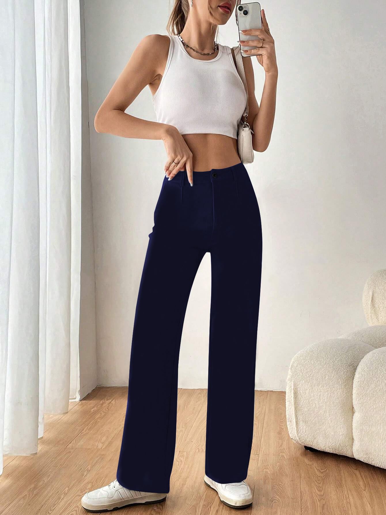 Toochki Women Spandex Pant Half-Elasticated Waist Regular Slim Fit Trouser, Pants for Office School Formal Casual Daily Use Navy