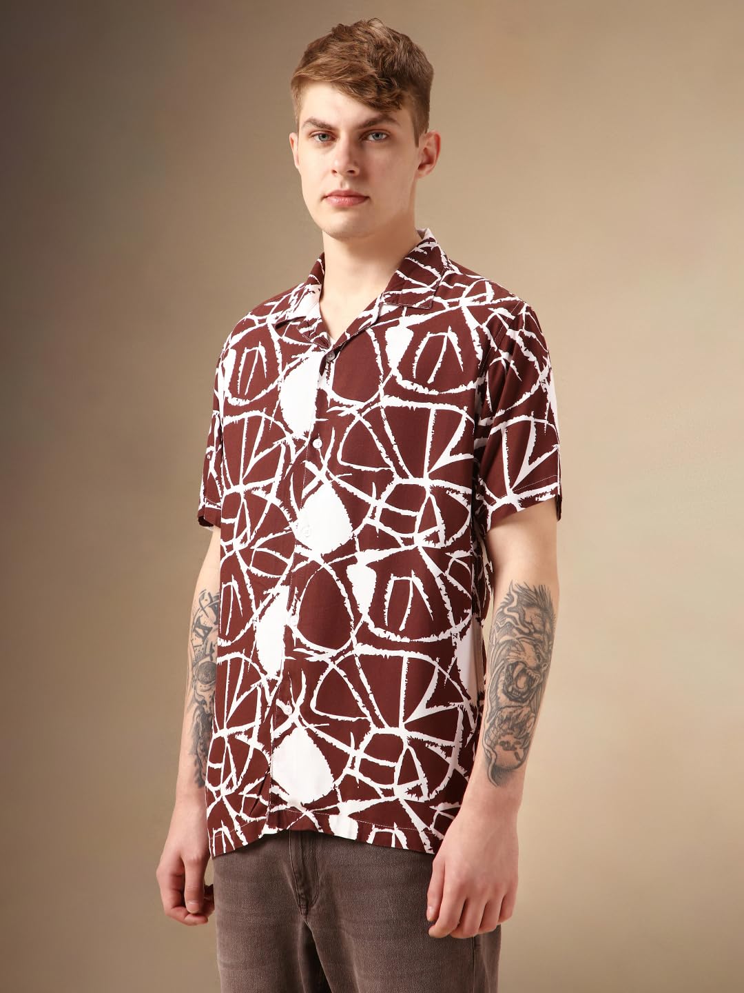 Dennis Lingo Men Brown Rayon Half Sleeve Cuban Collar Printed Shirts