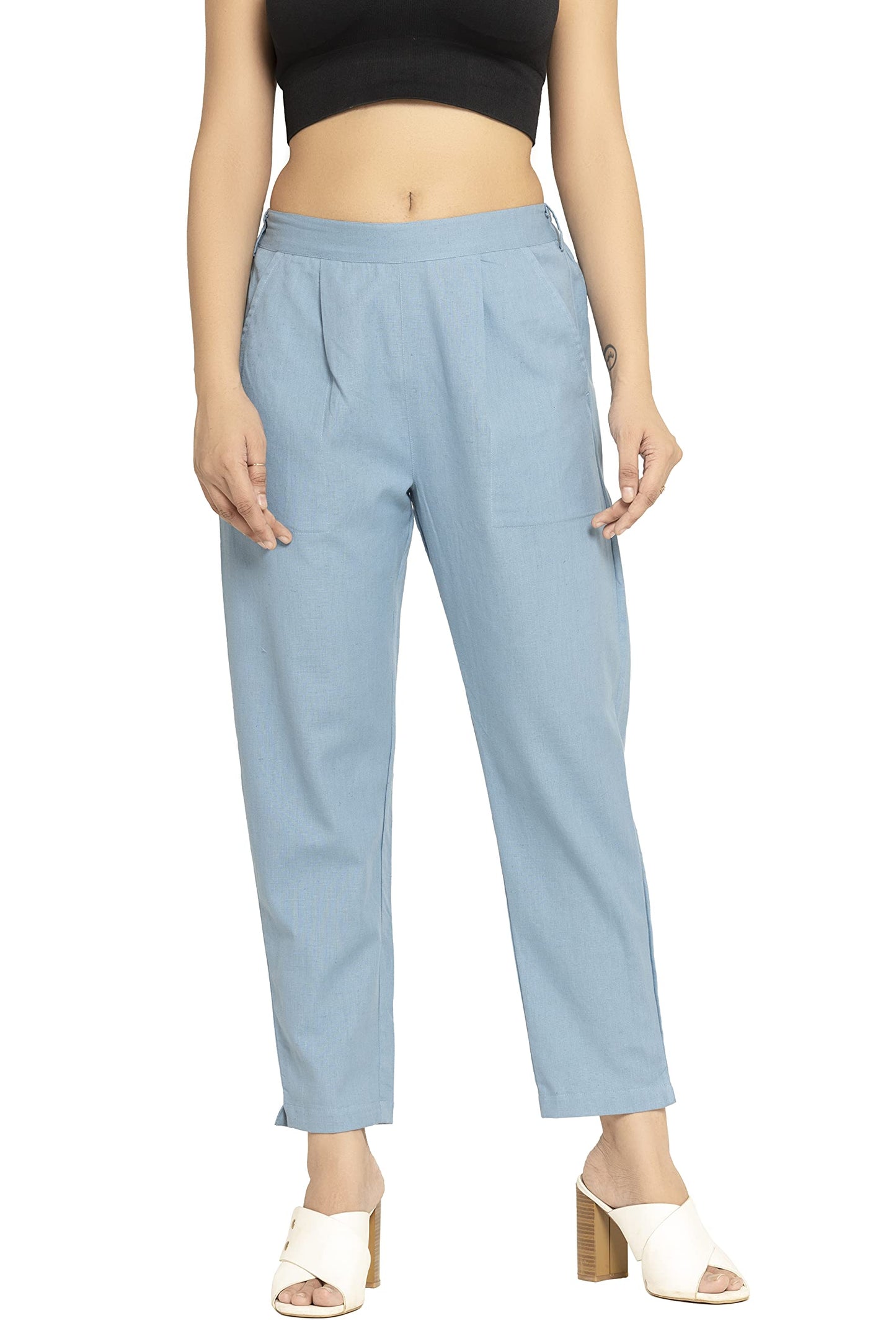 DIGITAL SHOPEE Womens Pure Cotton Made Elastic Waist Double Side Pocket Ankle Length Casual/Formal Trouser- Pack of 1 Sky Bkue