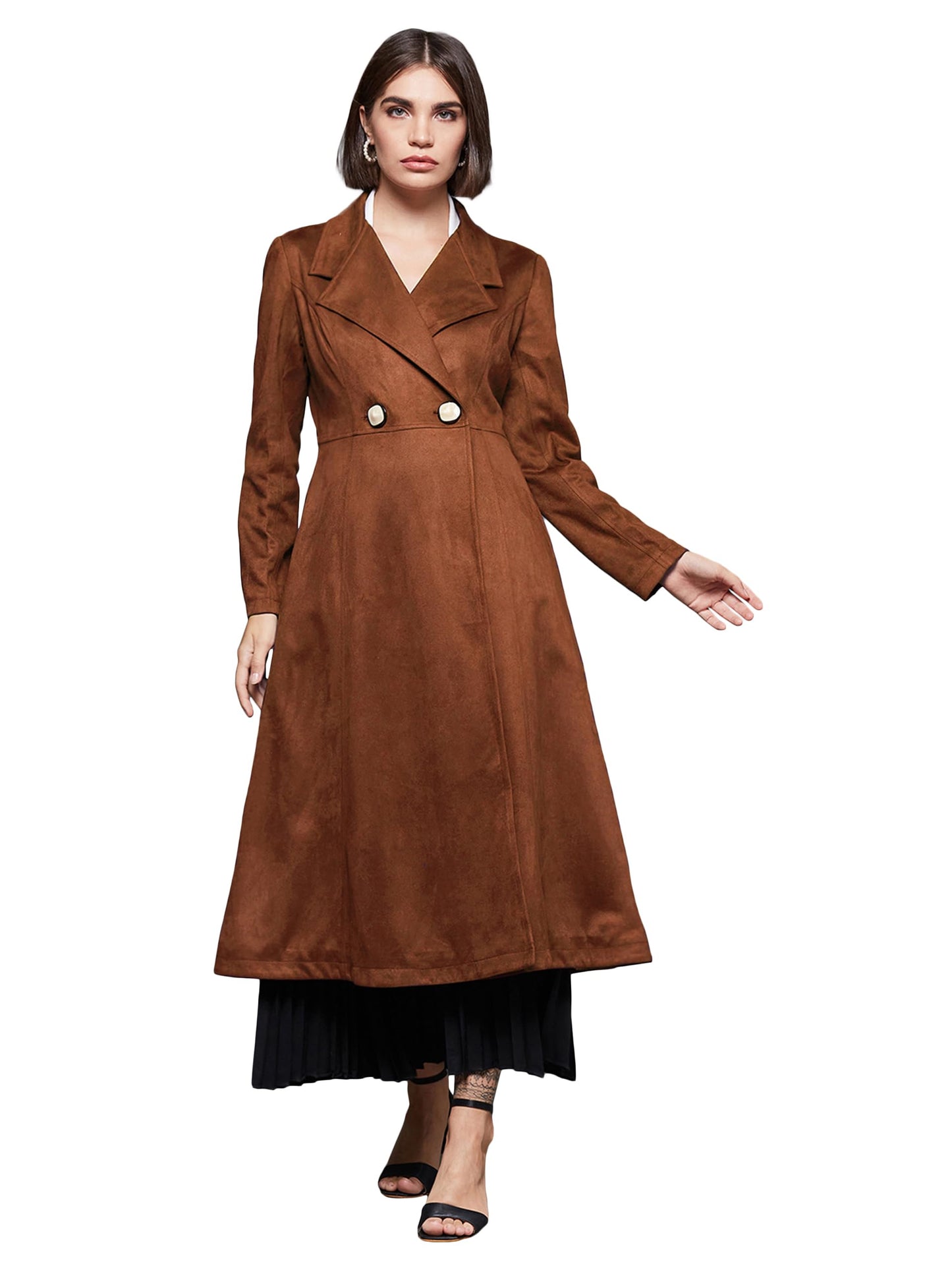 Miss Chase WomenS Solid V-Neck Full Sleeves Side Pocketed Polyester Double Breasted Longline Jacket (Mcaw22Jkt03-46-59-06, Brow
