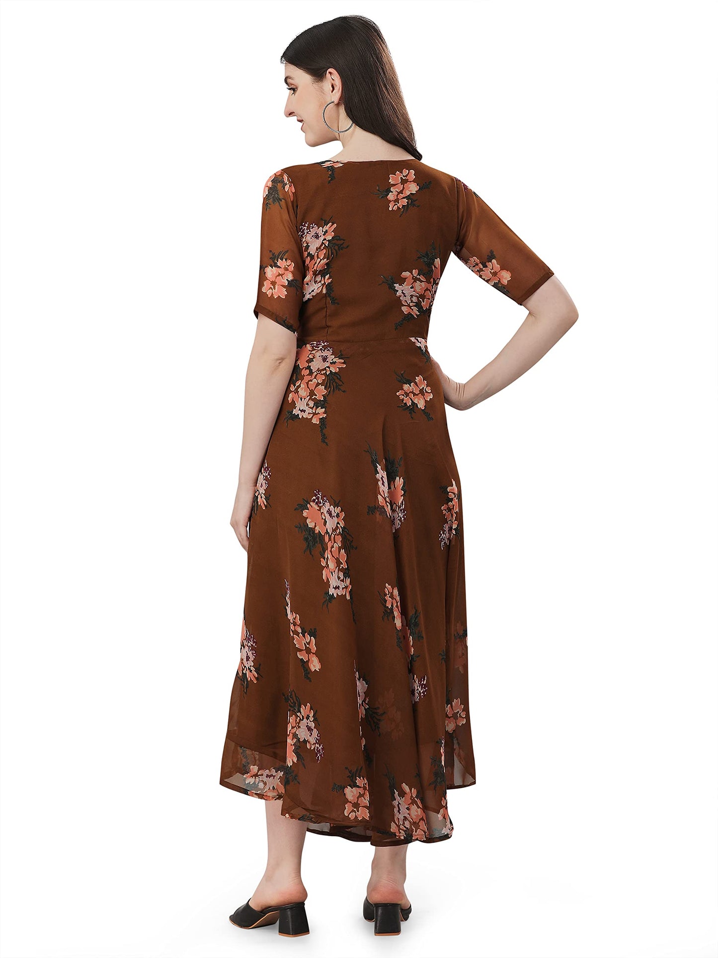 Trillmixa WomenS Georgette Midi Dress With Floral Printed Pattern Long Sleeves Knee Length V Neck A Line Style And Regular Fit