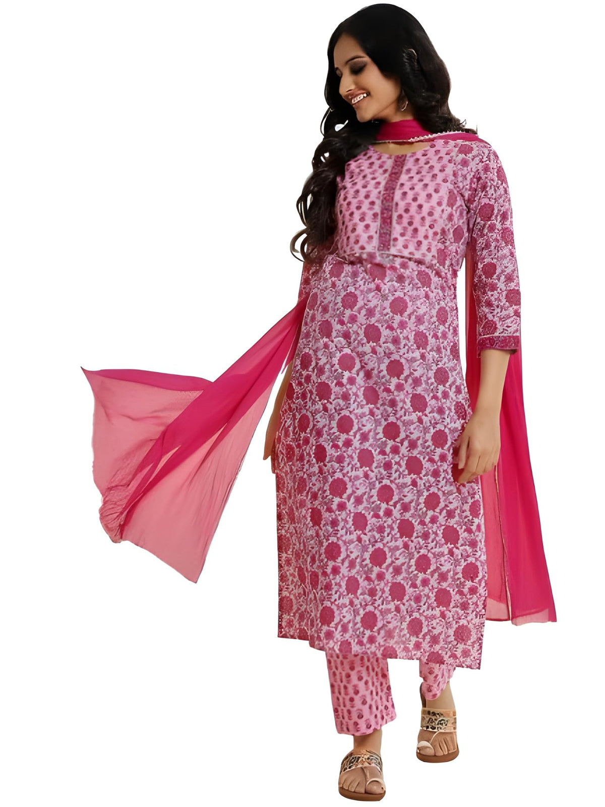 Varanga Women Fuchsia Floral Printed V-Neck Full Sleeves Anarkali Kurta With Tonal Bottom And Dupatta Elegant Ethnic Set