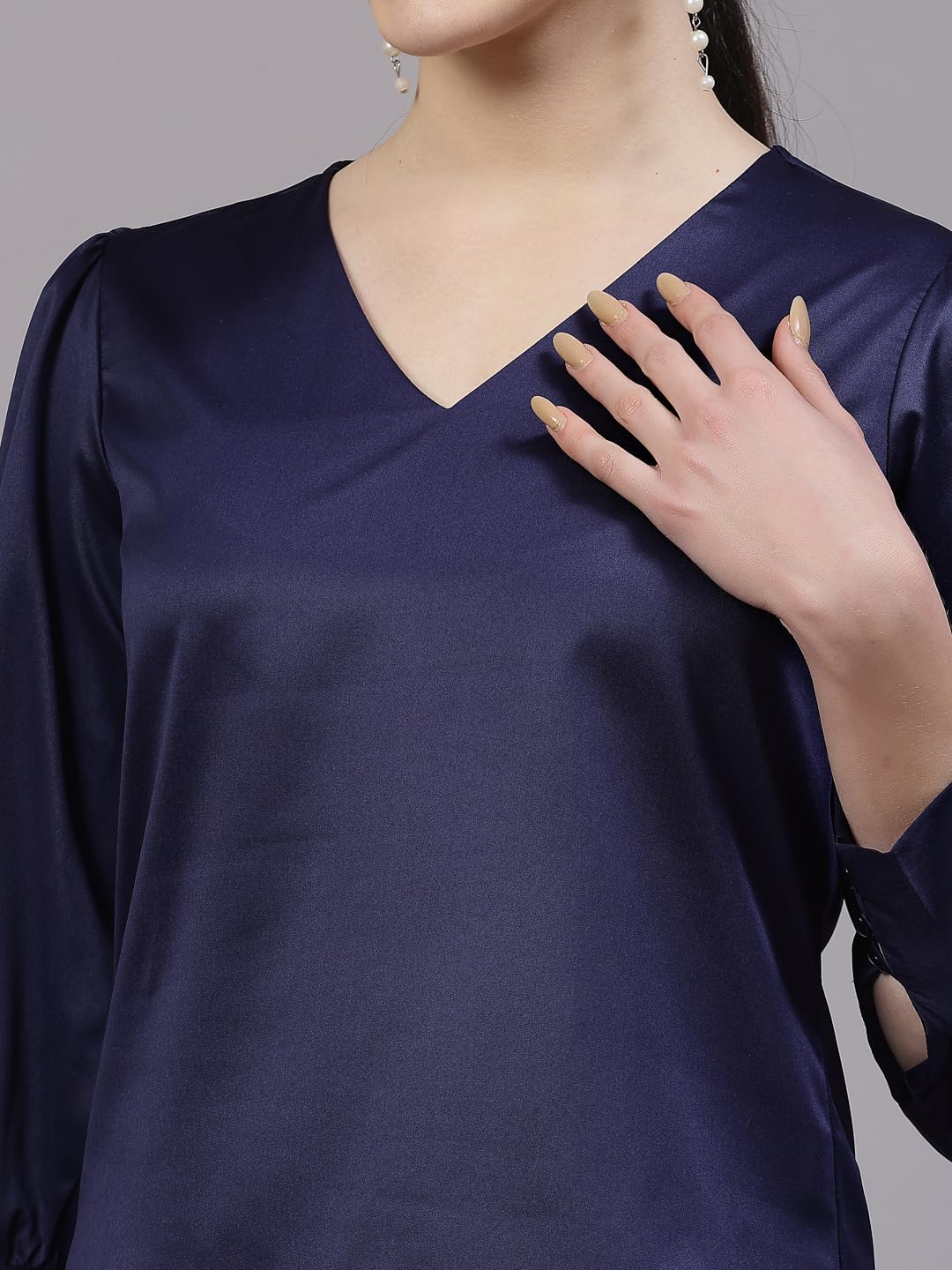 Style Quotient Women Solid Navy Satin Party Top