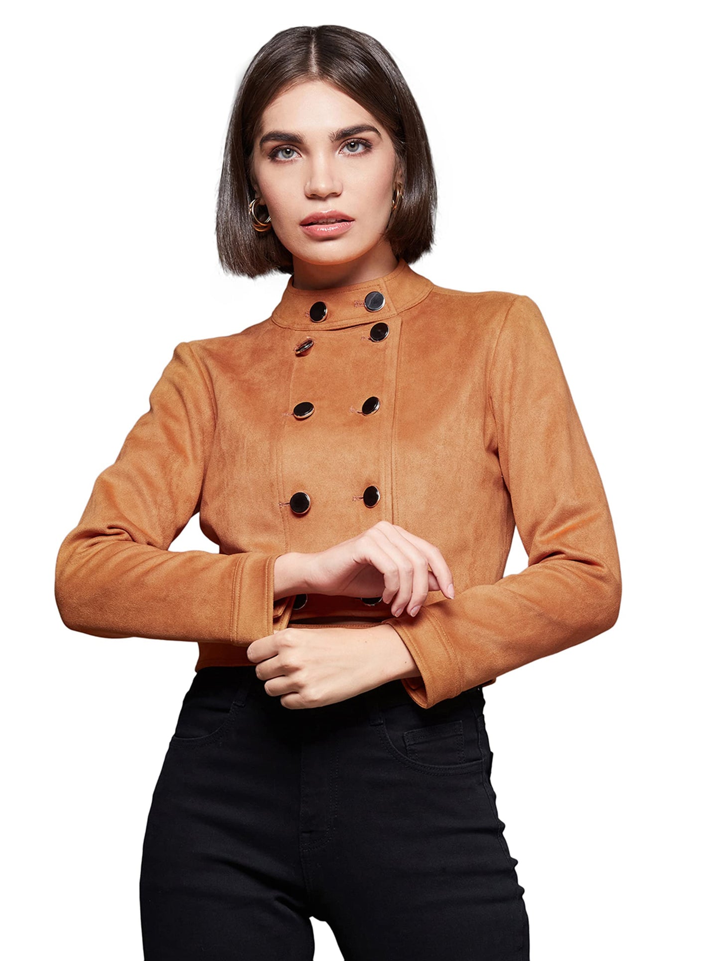 Miss Chase WomenS Burnt Orange Mandarin Collar Full-Sleeve Solid Cropped Polyester Jacket (Mcaw22Jkt03-56-286-06, Burnt Orange,