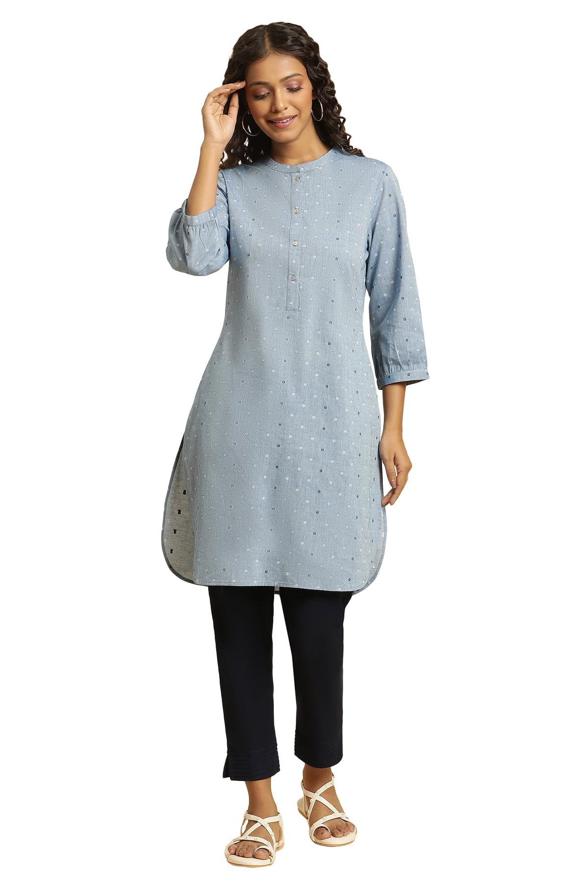 W Blue Cotton Polka Dot Straight Long Kurta For Women