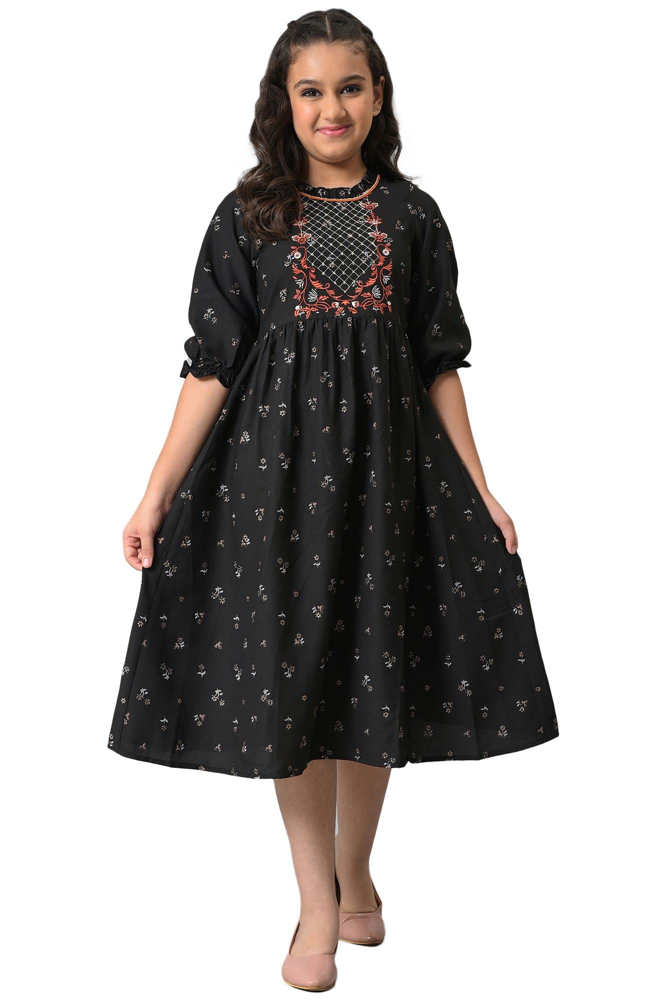 Aurelia Girl's Polyester Fit and Flare Knee-Length Casual Dress (22AUG10205B-503991_Black