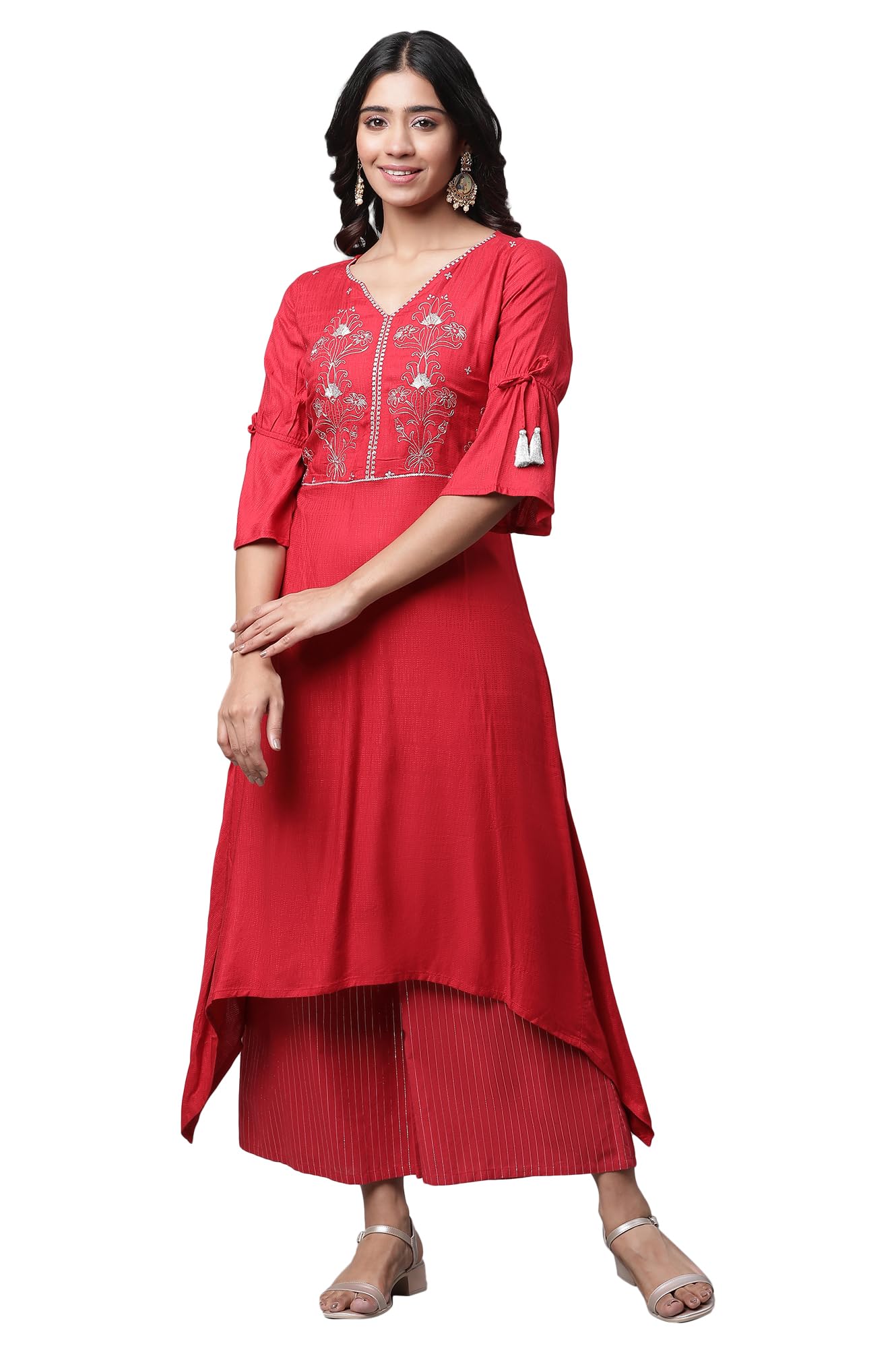 Aurelia Women Red Viscose Asymmetrical Kurta, Palazzos Suit Set