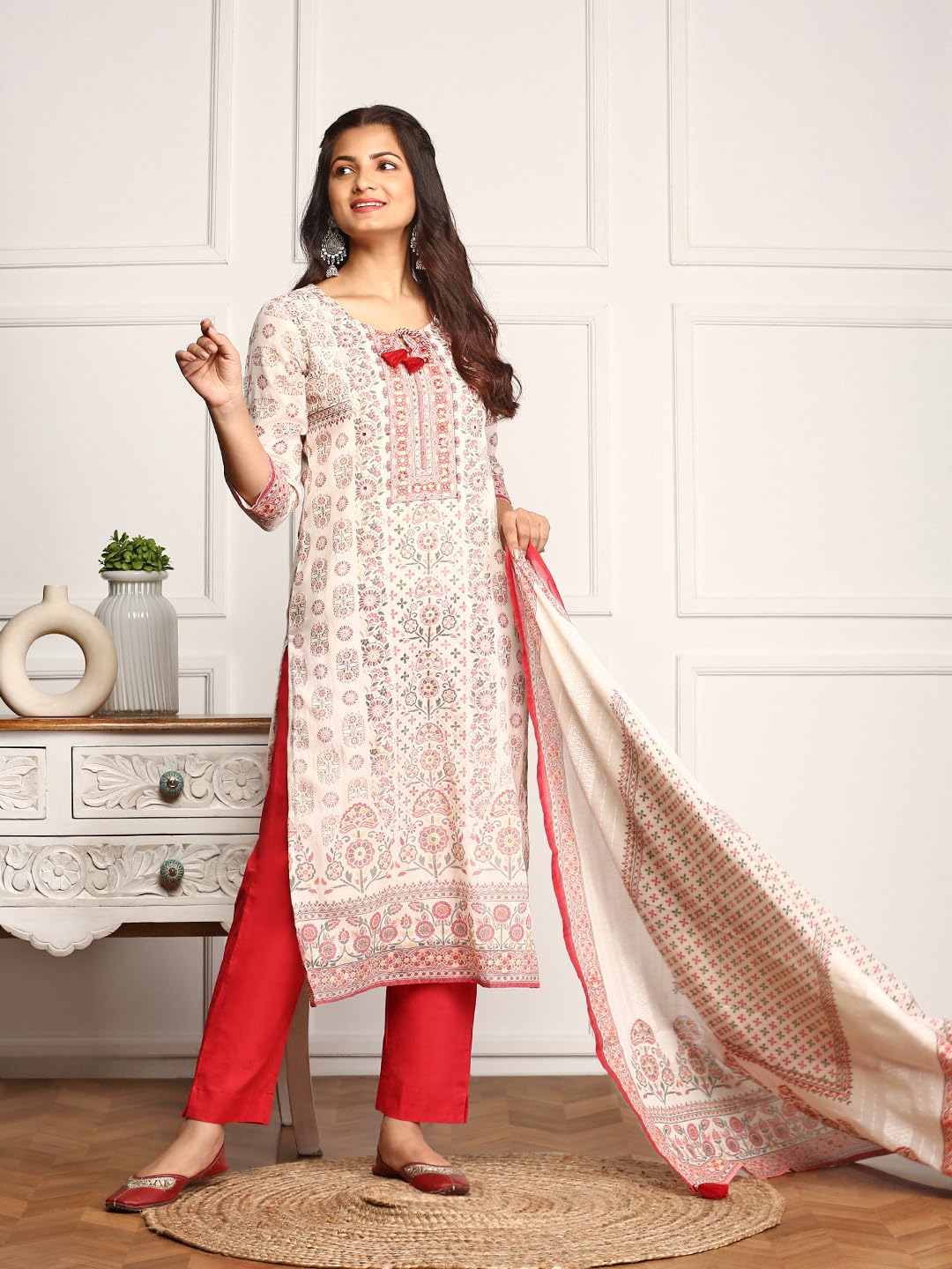 ishin Embellished Ethnic Motifs Printed Tie Up Kurta with Pants And Printed Dupatta | Kurta set for women | Kurta with trousers and dupatta
