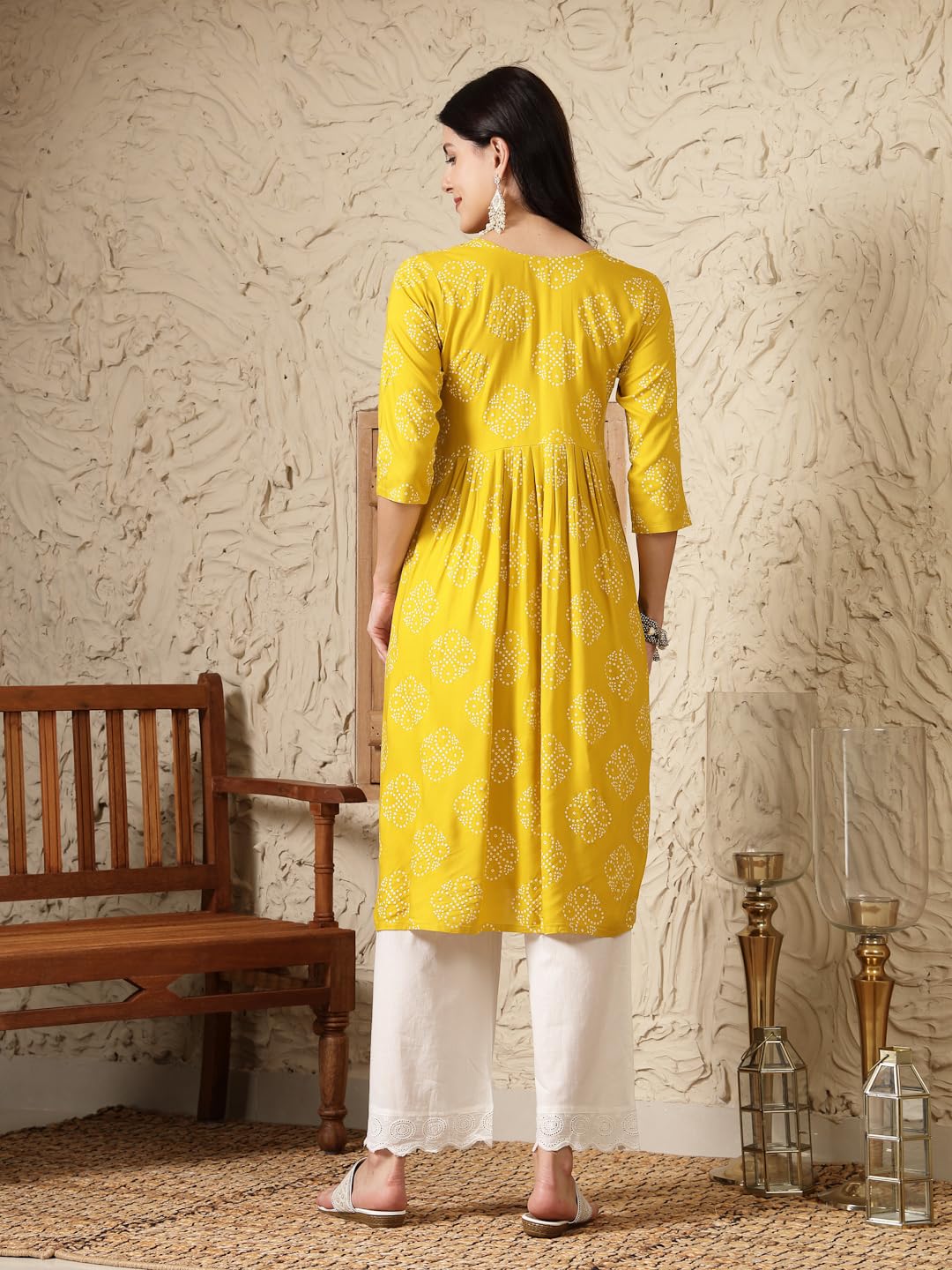 Stylum Women's Bandhani Printed & Embroidered Rayon Naira Cut Kurta (MUSTARDMARIO_Mustard)