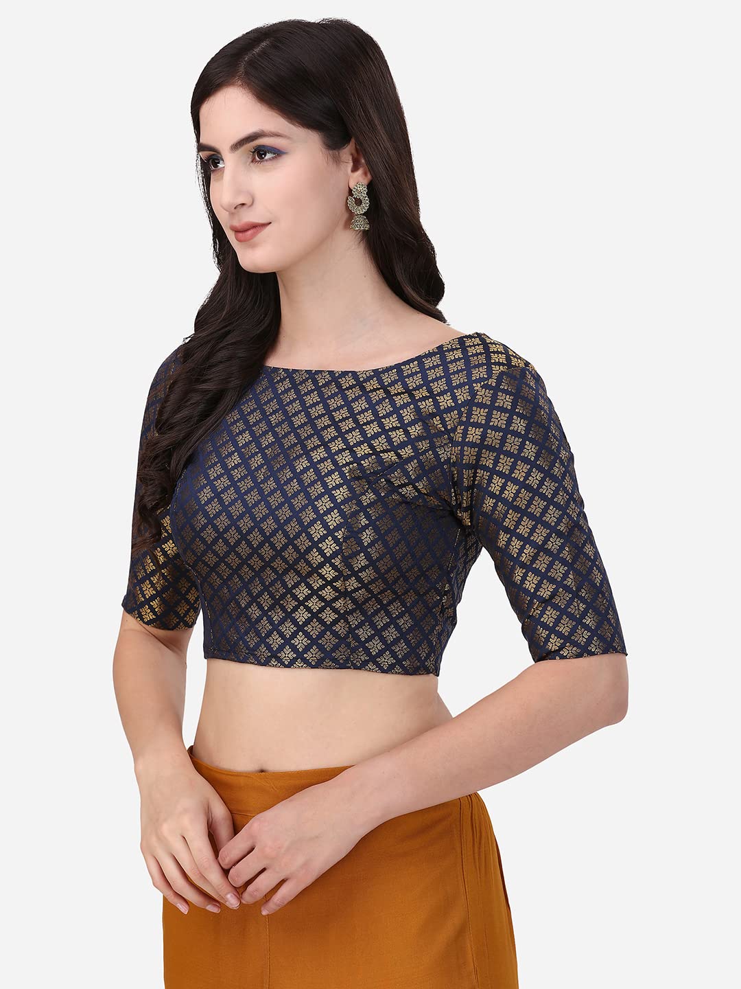Oomph! WomenS Indian Ethnic Wear Designer Square Leaf Pattern Boat Neck Half Sleeve Brocade Midnight Blue Blouse For Saree Or L